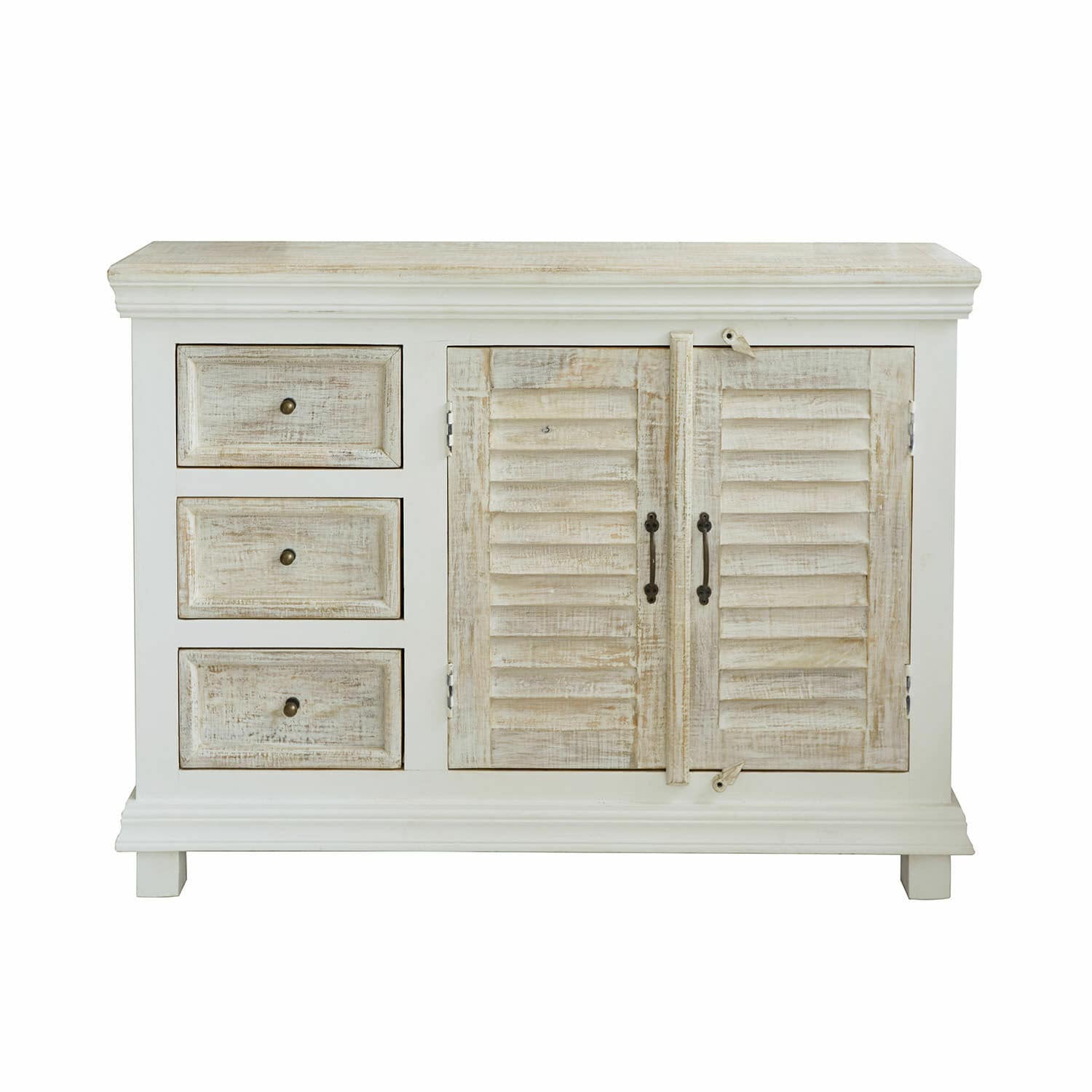 Commode Nevellique Commode en bois blanc vieilli avec trois tiroirs et une armoire à deux portes pour rangement