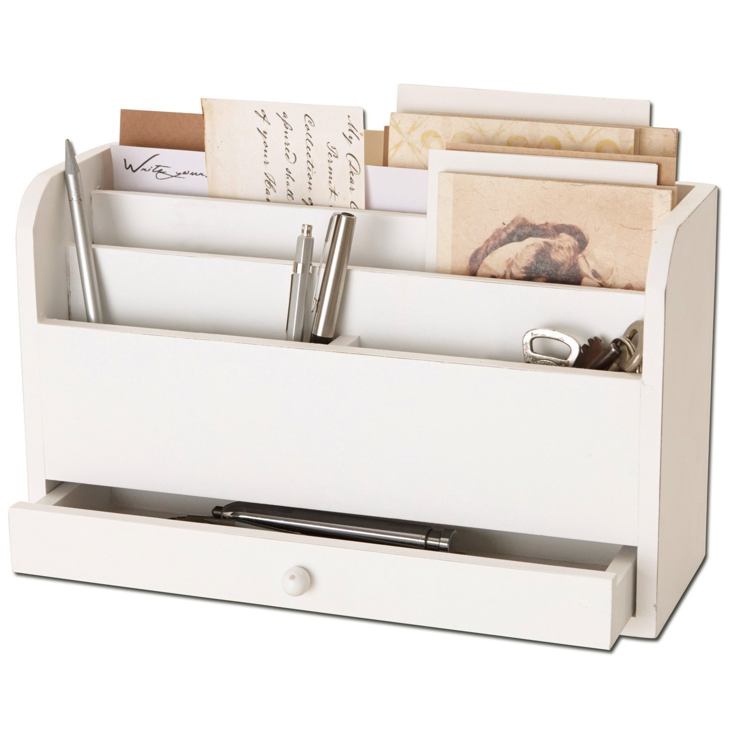 Organiseur de table Kaspian Organisateur de bureau en bois blanc avec compartiments pour lettres, stylos et clés, idéal pour la maison et le bureau