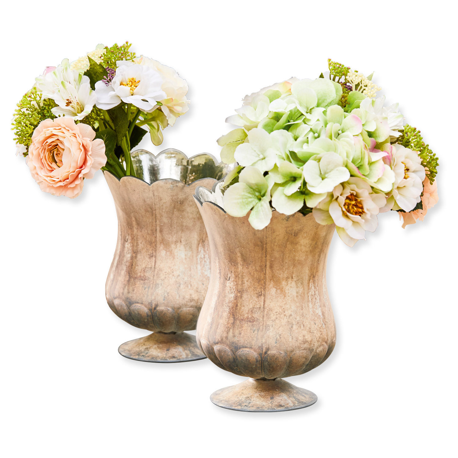 Vaas set van 2 Wilgard Twee decoratieve metalen vazen in antiek goud met boeketten van kunstbloemen voor interieurdecoratie
