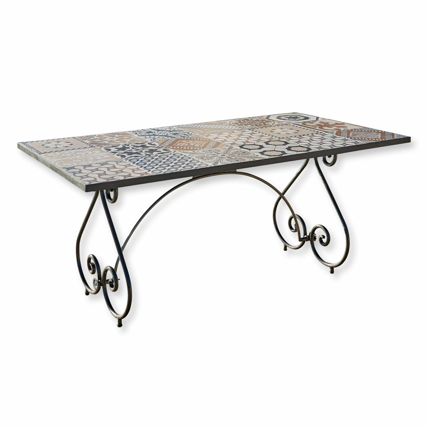 Tafel Grainville Tafel met metalen poten en keramische tegelblad in beige-bruine patronen