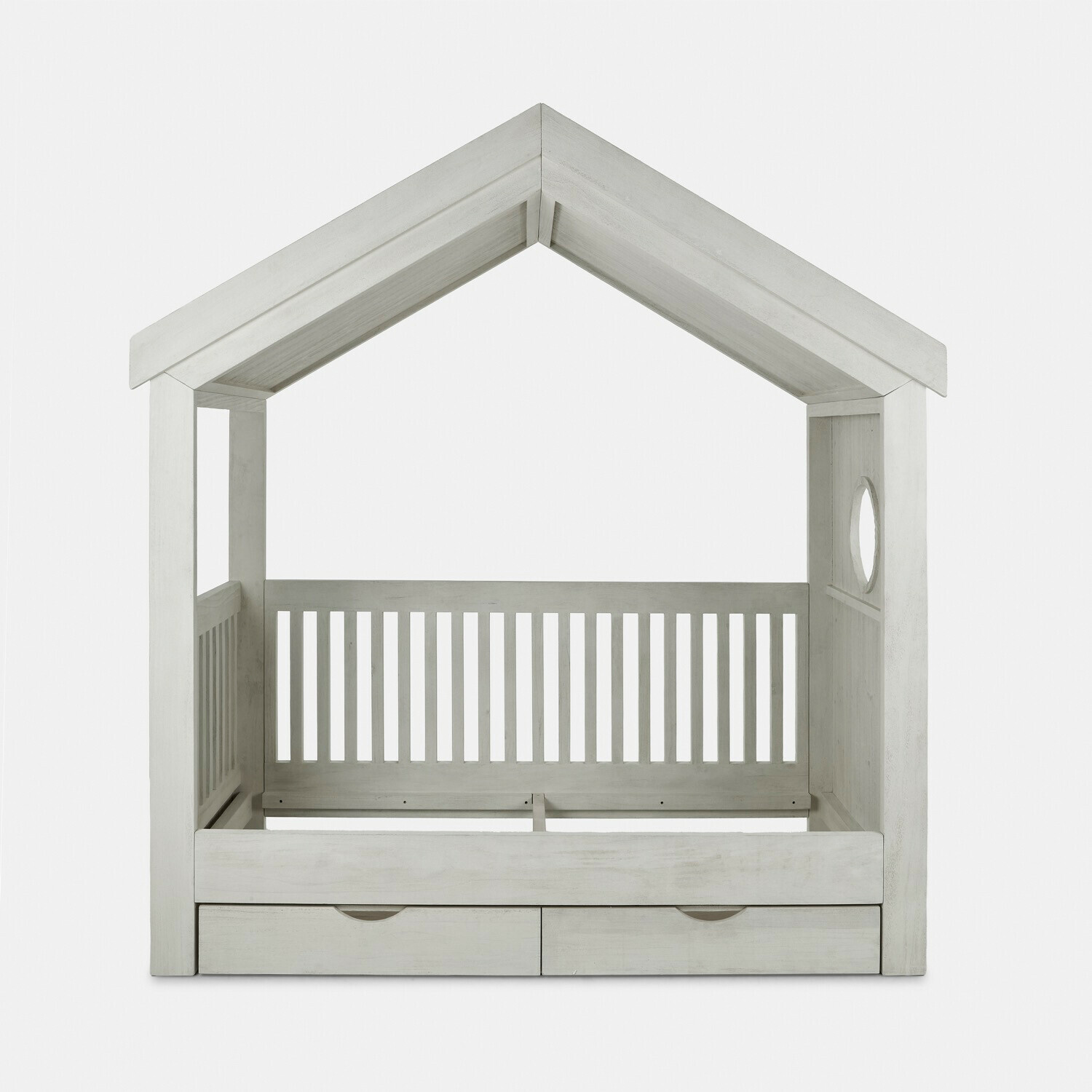 Lit de maison Birchwell Lit enfant en bois blanc en forme de maison avec tiroirs de rangement et fenêtre ronde décorative