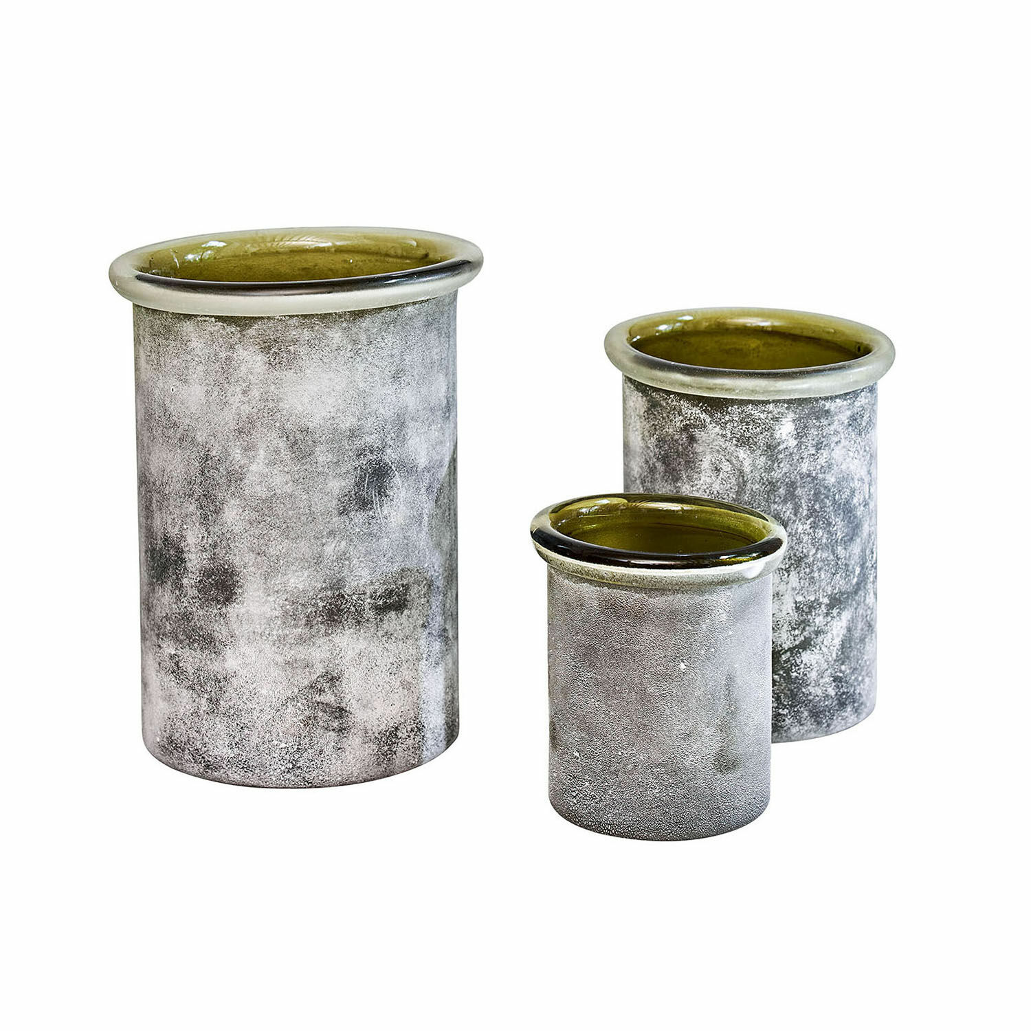 Windlicht set van 3 Iskira Set van drie keramische vazen in grijs met olijfgroene binnenkant en glanzende rand, matte afwerking