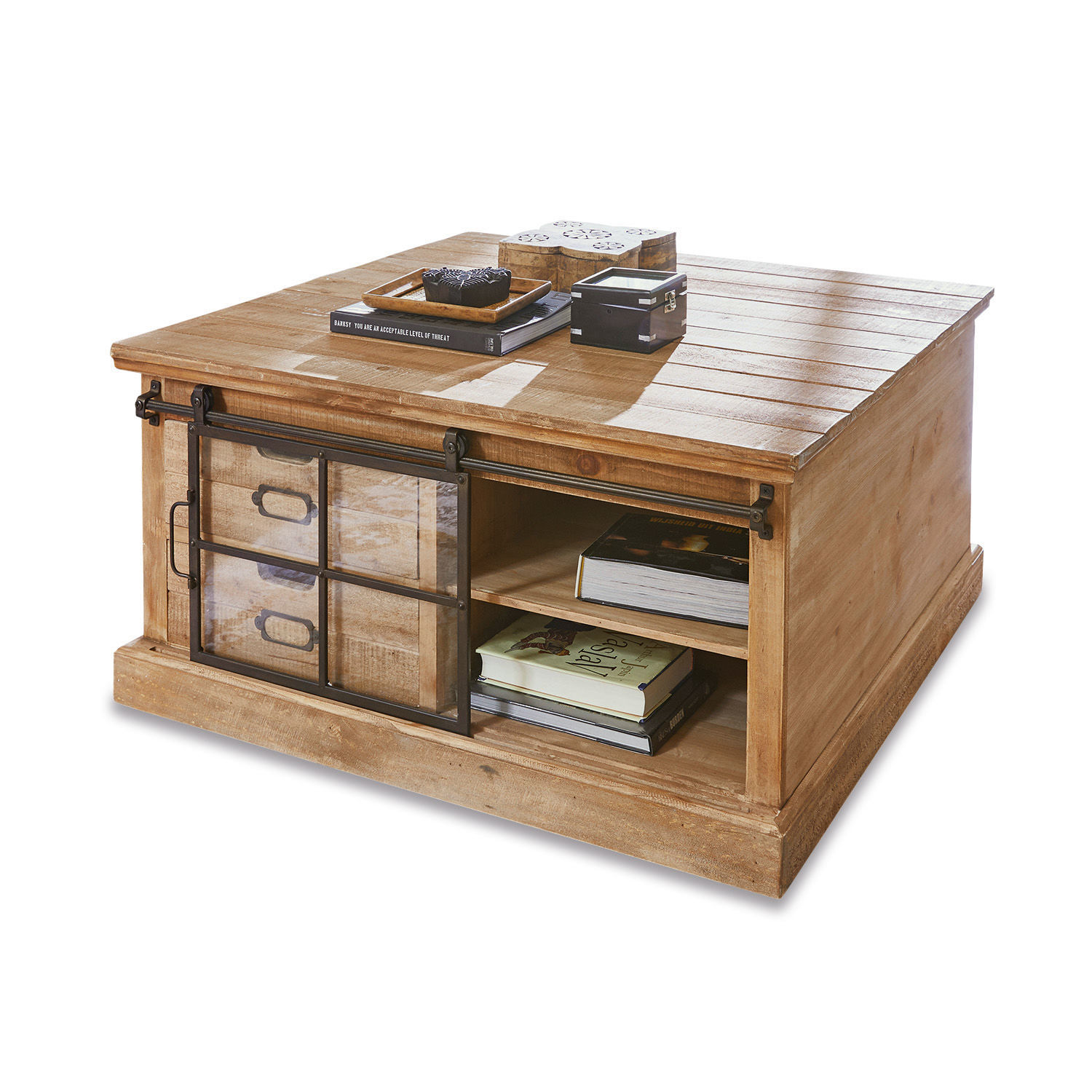 Salontafel Finegand Vierkante salontafel van natuurlijk mangohout met schuifdeuren van glas en zwart metaal