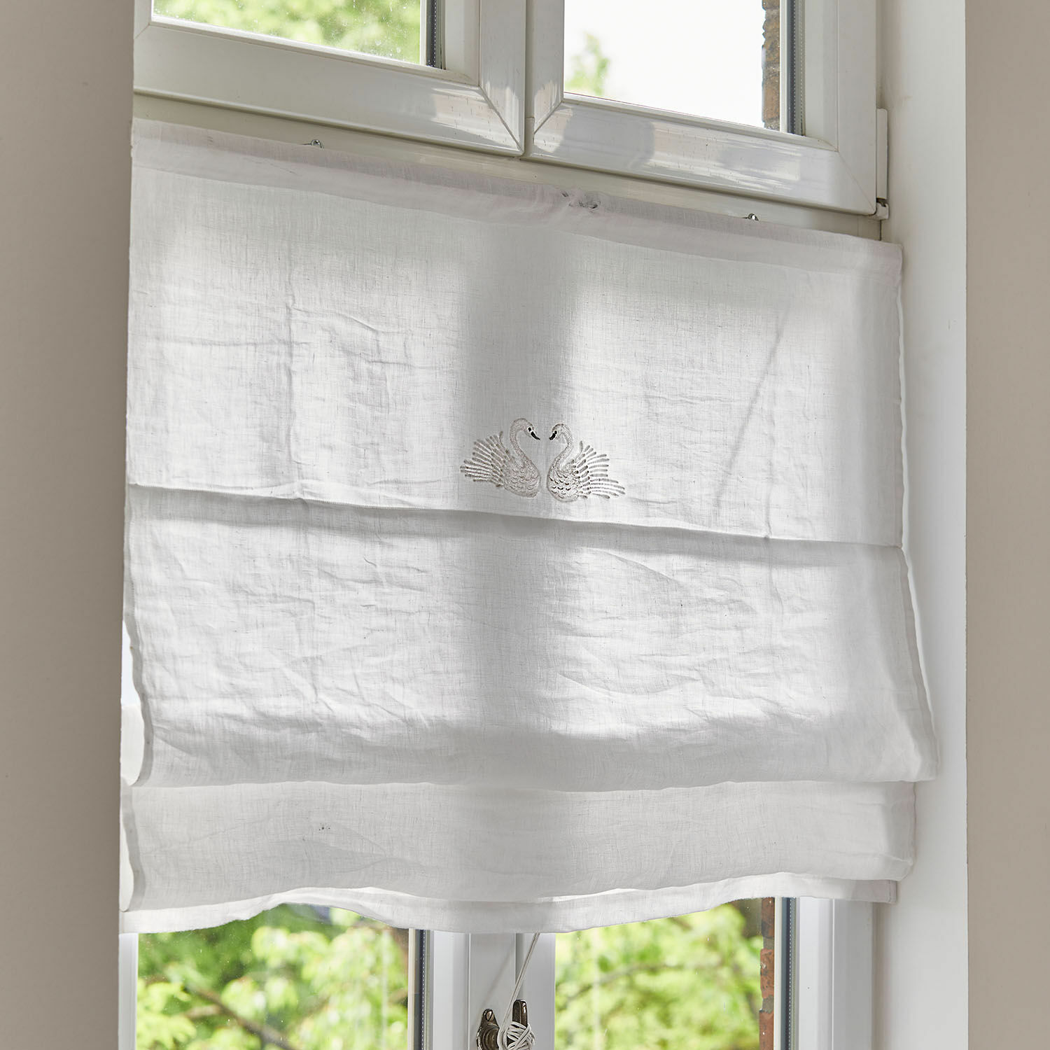 Store bateau Rialuna Store en lin blanc avec broderie de cygnes, rideau léger pour fenêtre de salon ou cuisine