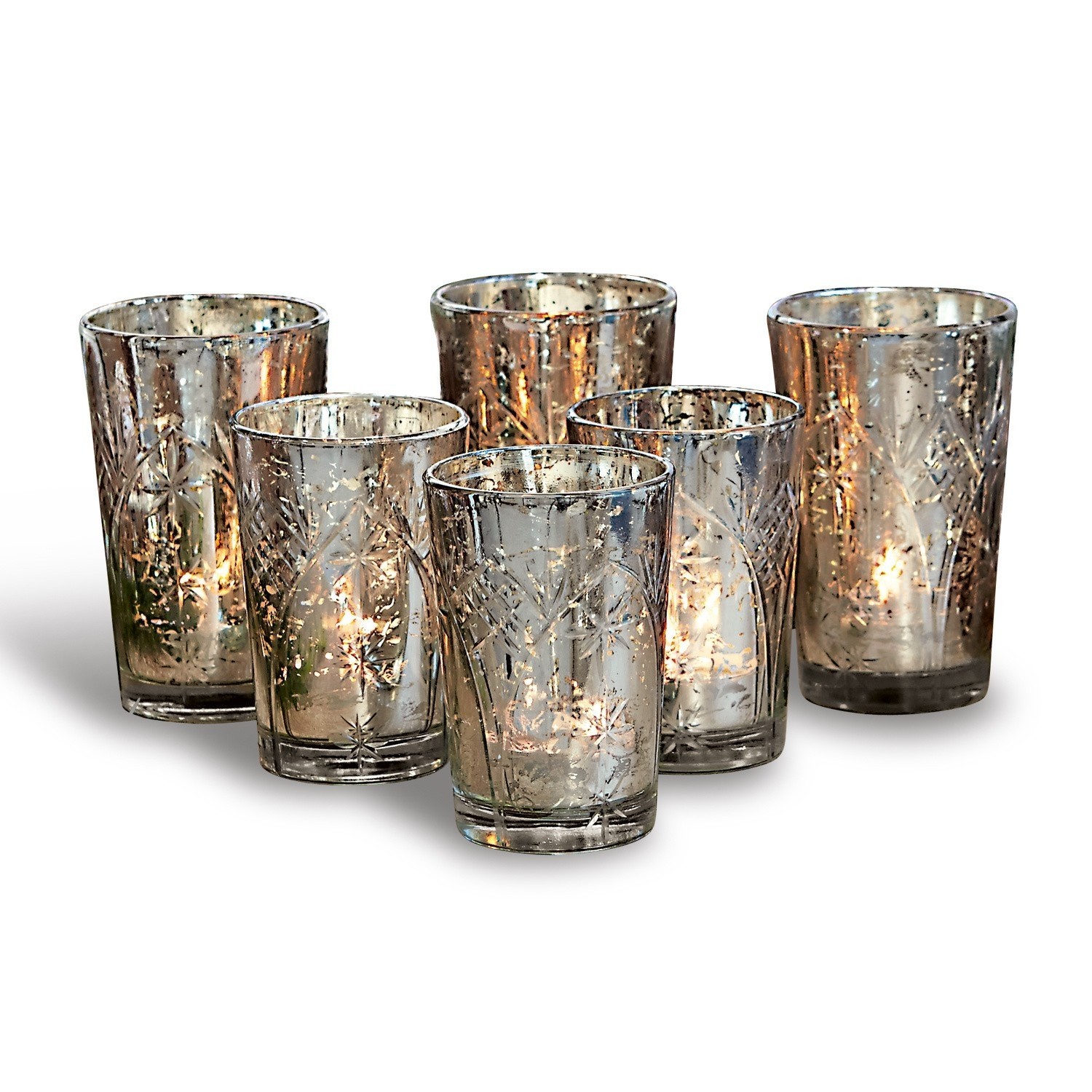 Lot de 6 photophores Latona Ensemble de six photophores en verre avec effet laiton et motif étoile, décoration intérieure