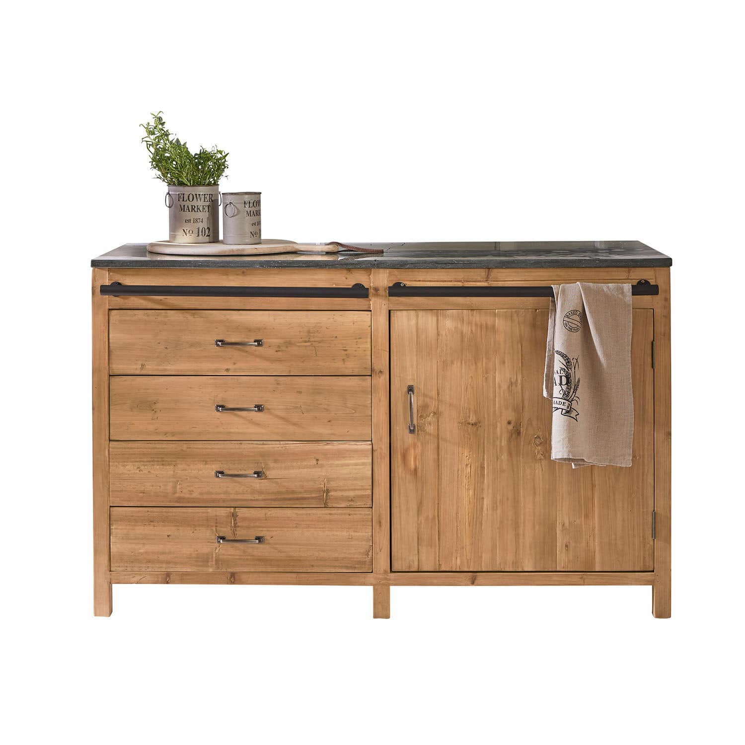 Keukenkast Sunnybrook Houten dressoir met zwart blad, vier lades en deur, rustiek keukenmeubel