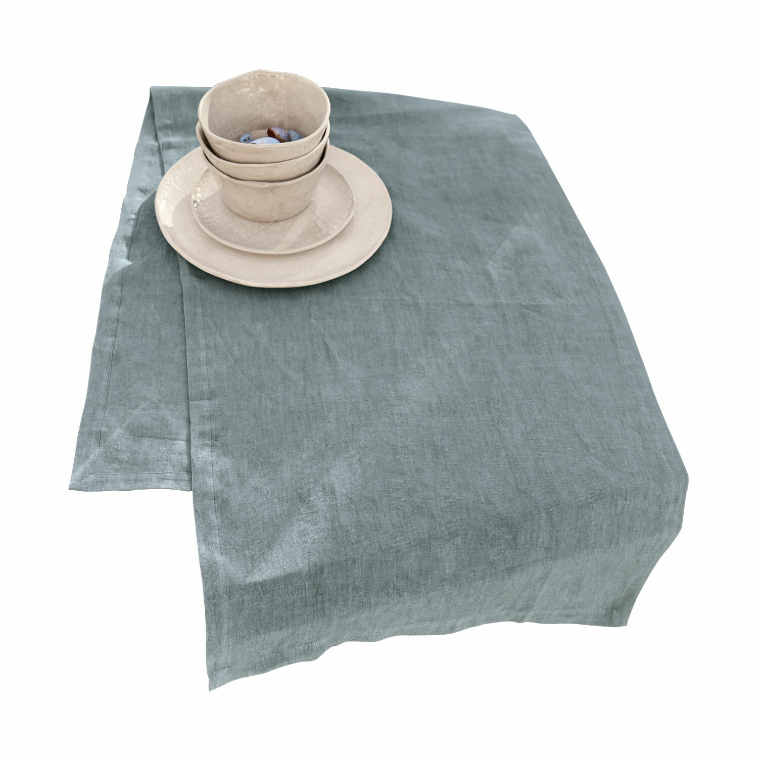 blauw Blauwe linnen tafelloper met beige keramiek, elegante tafeldecoratie, eetkamertextiel
