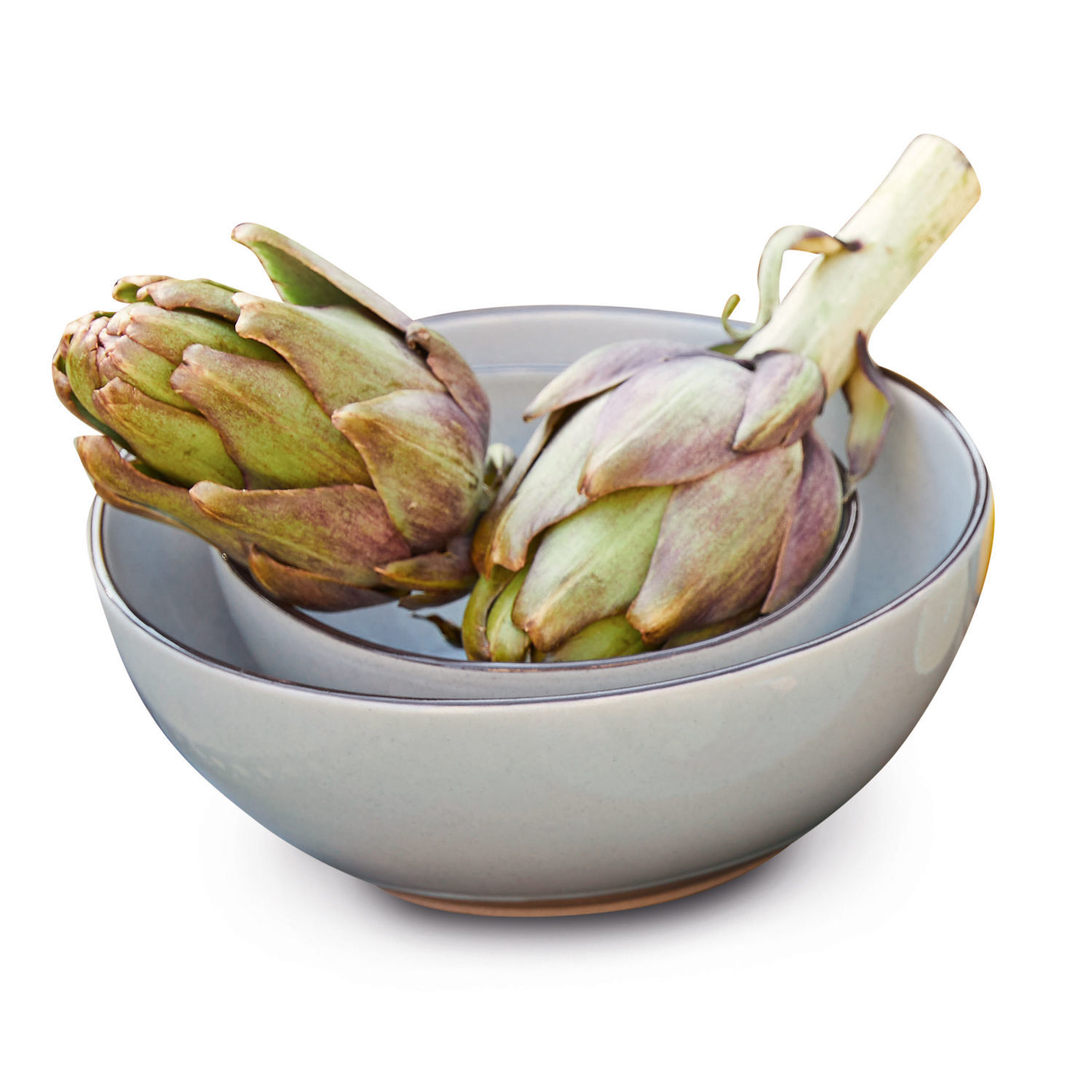 Ensemble de deux bols en céramique grise Biarritz avec artichauts, parfait pour la cuisine et la décoration