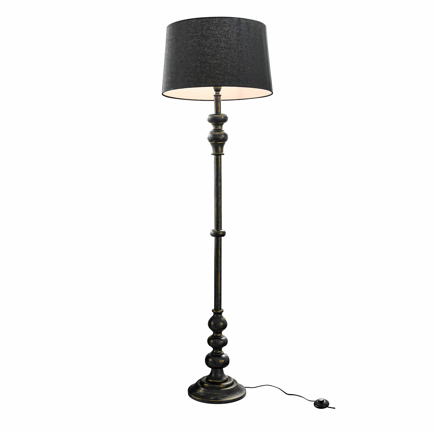 Lampadaire Reville Lampadaire noir en métal avec abat-jour en tissu, design vintage pour salon élégant