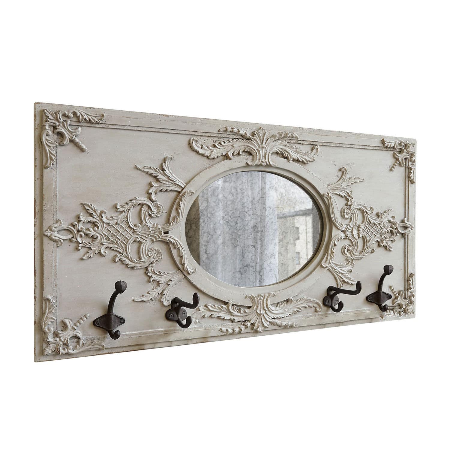 Kapstok Béatrice Decoratieve houten wandkapstok in beige met ovale spiegel en metalen haken