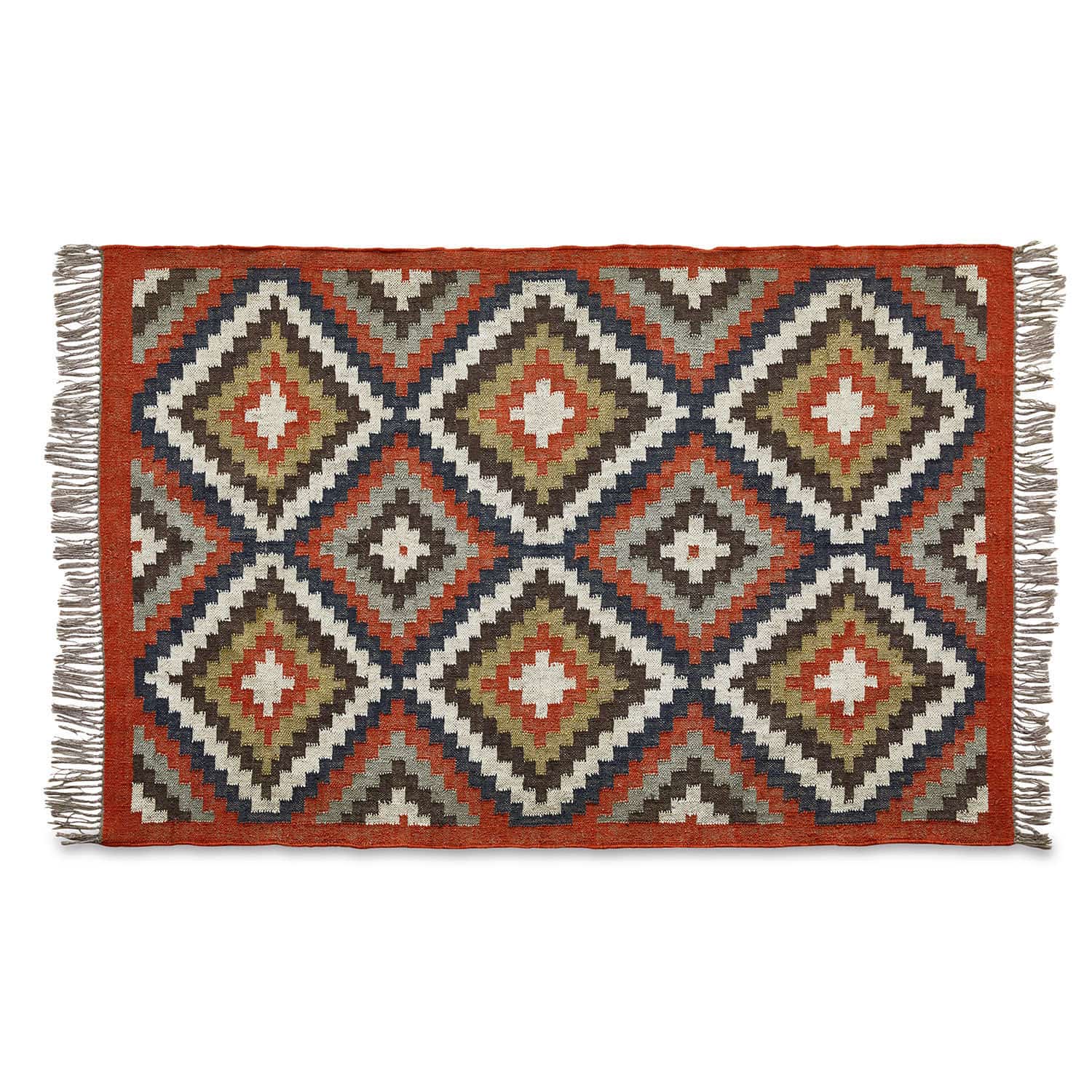 Tapis Dailies Tapis tissé avec motif géométrique rouge, vert et beige, décoration intérieure en textile