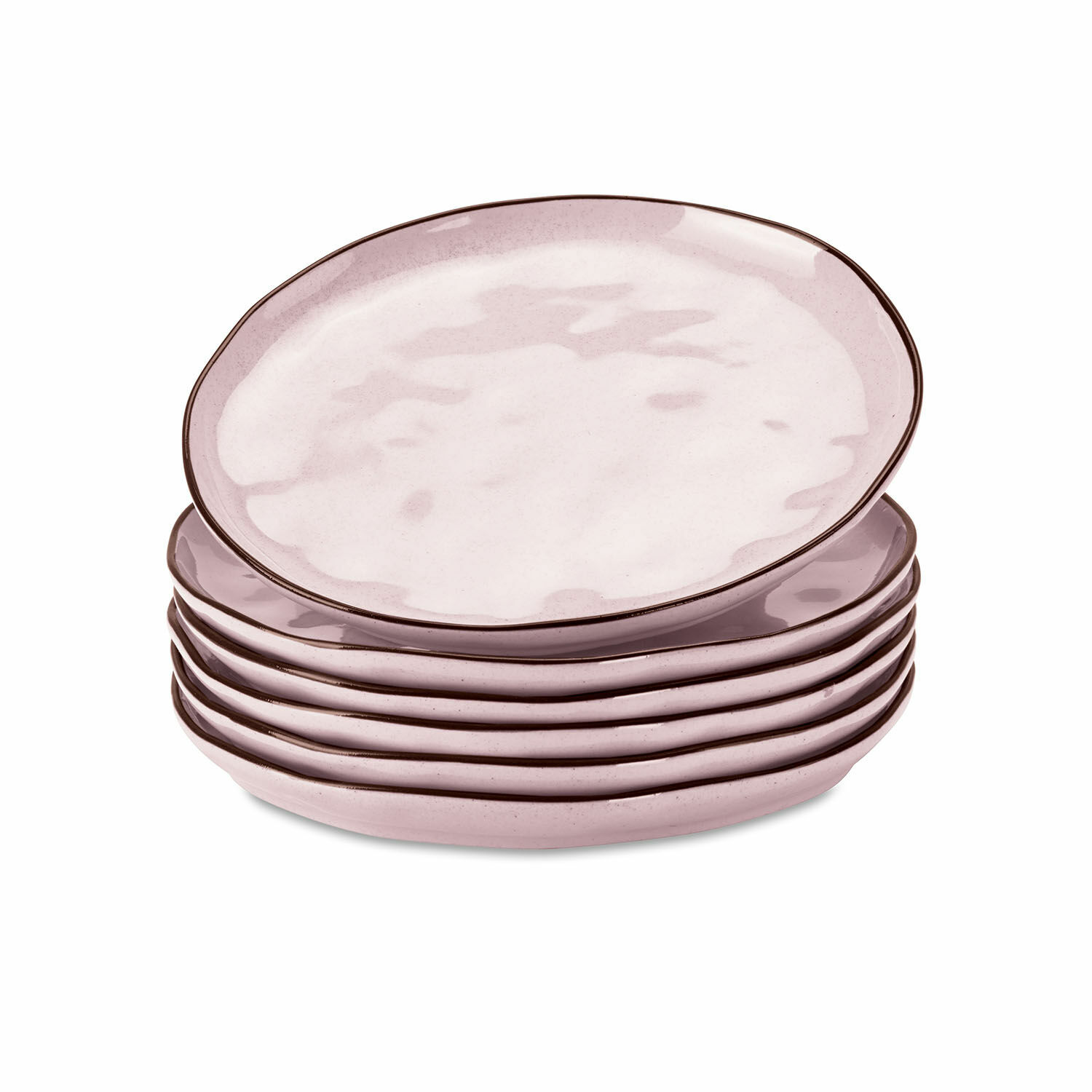 Lot de 6 assiettes à dessert Biarré Ensemble de six assiettes en céramique rose clair avec bord marron pour servir les repas