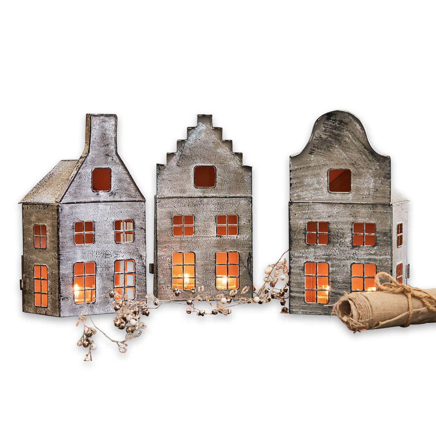 Lot de 3 lanternes Allison Park Lanterne en métal en forme de maison avec finition grise et lumière chaude de bougie