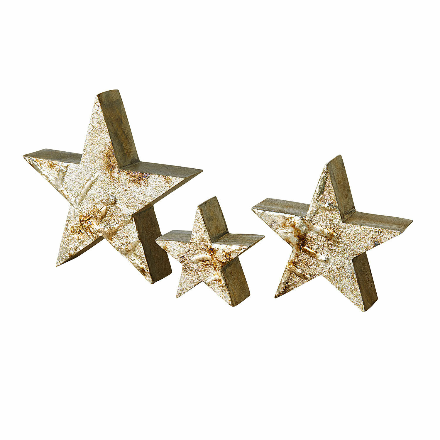 Lot de 3 étoiles Myrska Ensemble de trois étoiles décoratives en bois et métal doré pour décoration intérieure