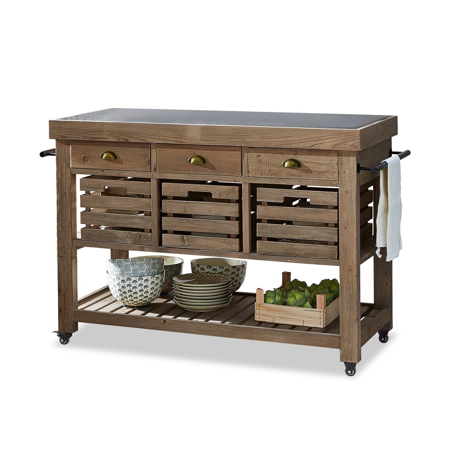 Îlot de cuisine Haddonfield Desserte de cuisine en bois avec tiroirs et étagères, plateau en métal, meuble de rangement pratique