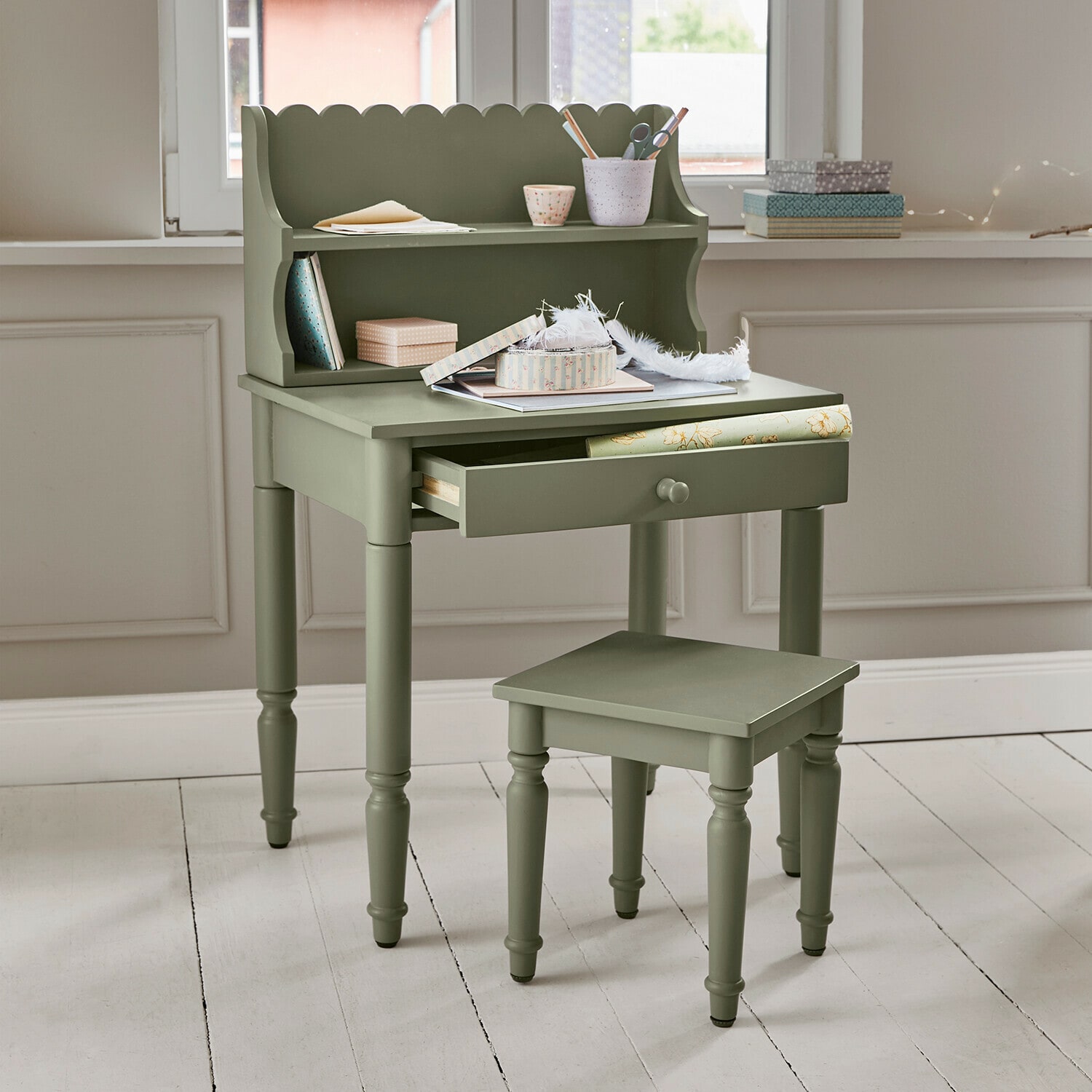 Bureau Kystlund Bureau vert en bois avec tiroir et tabouret assorti, style classique pour chambre d'enfant