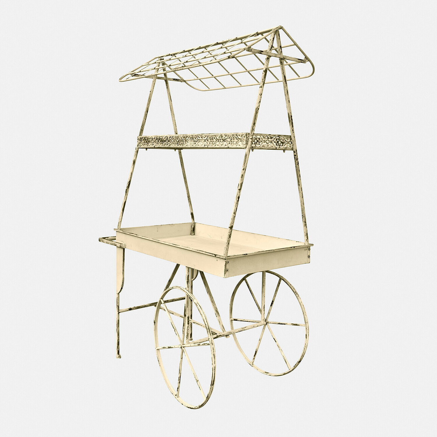Metalen tuinwagen in crèmekleur met sierlijk dak en grote wielen voor decoratie
