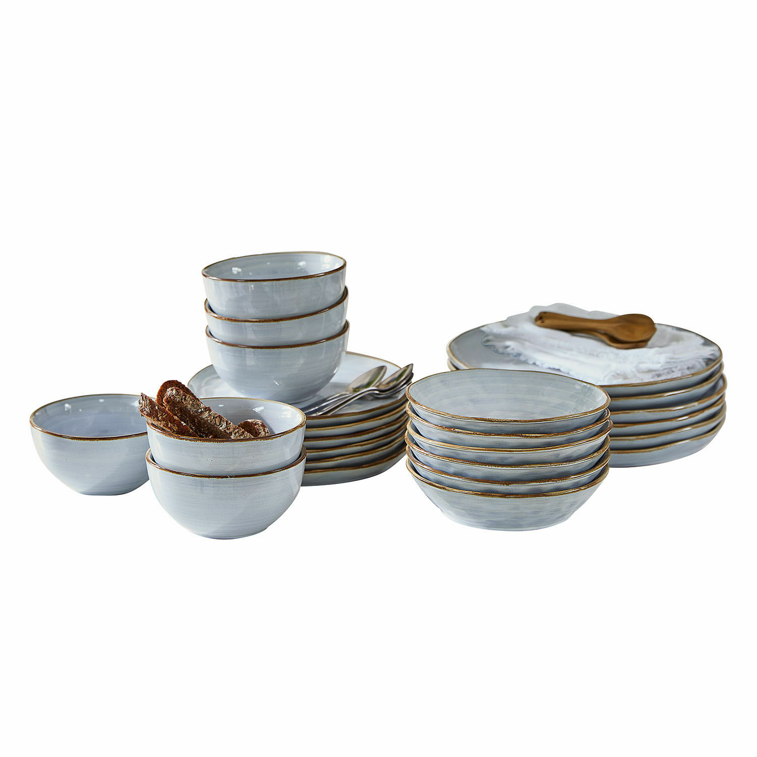 Servies set van 24 Veena Set grijs keramisch servies met bruine rand, borden en kommen voor dagelijks gebruik