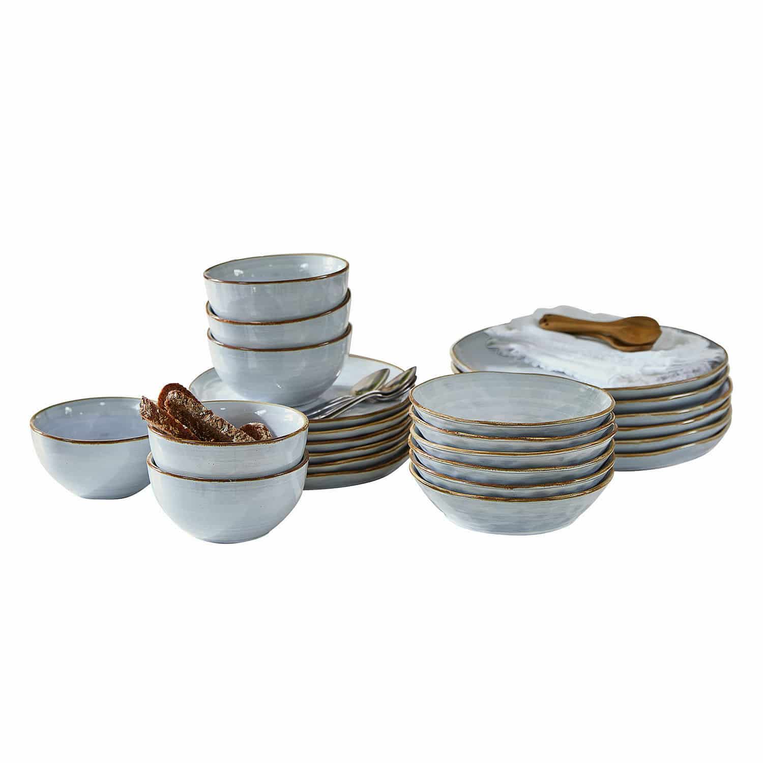 Servies set van 24 Veena Set grijs keramisch servies met bruine rand, borden en kommen voor dagelijks gebruik