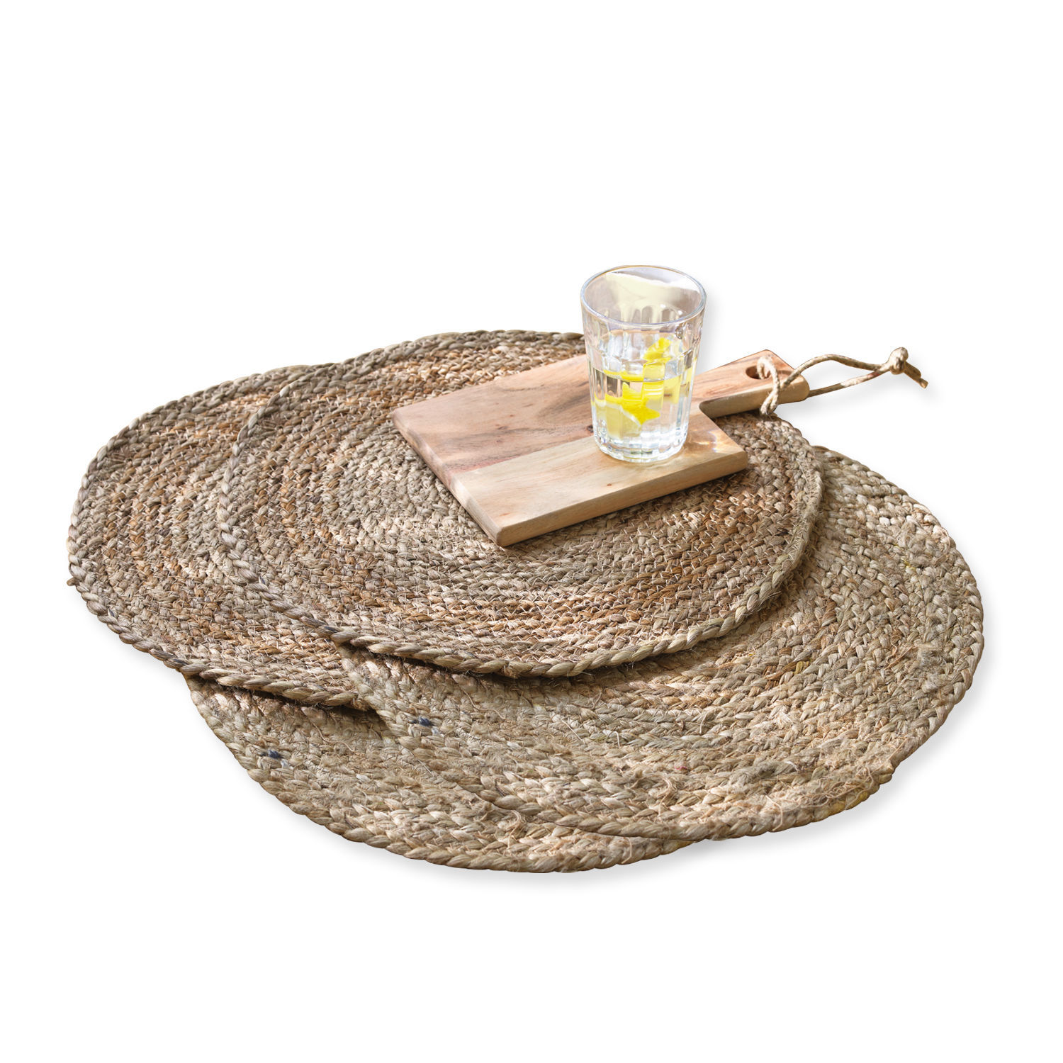 Placemat set van 4 Dooling Set ronde tafellopers van jute in natuurlijke kleur met snijplank en glas water