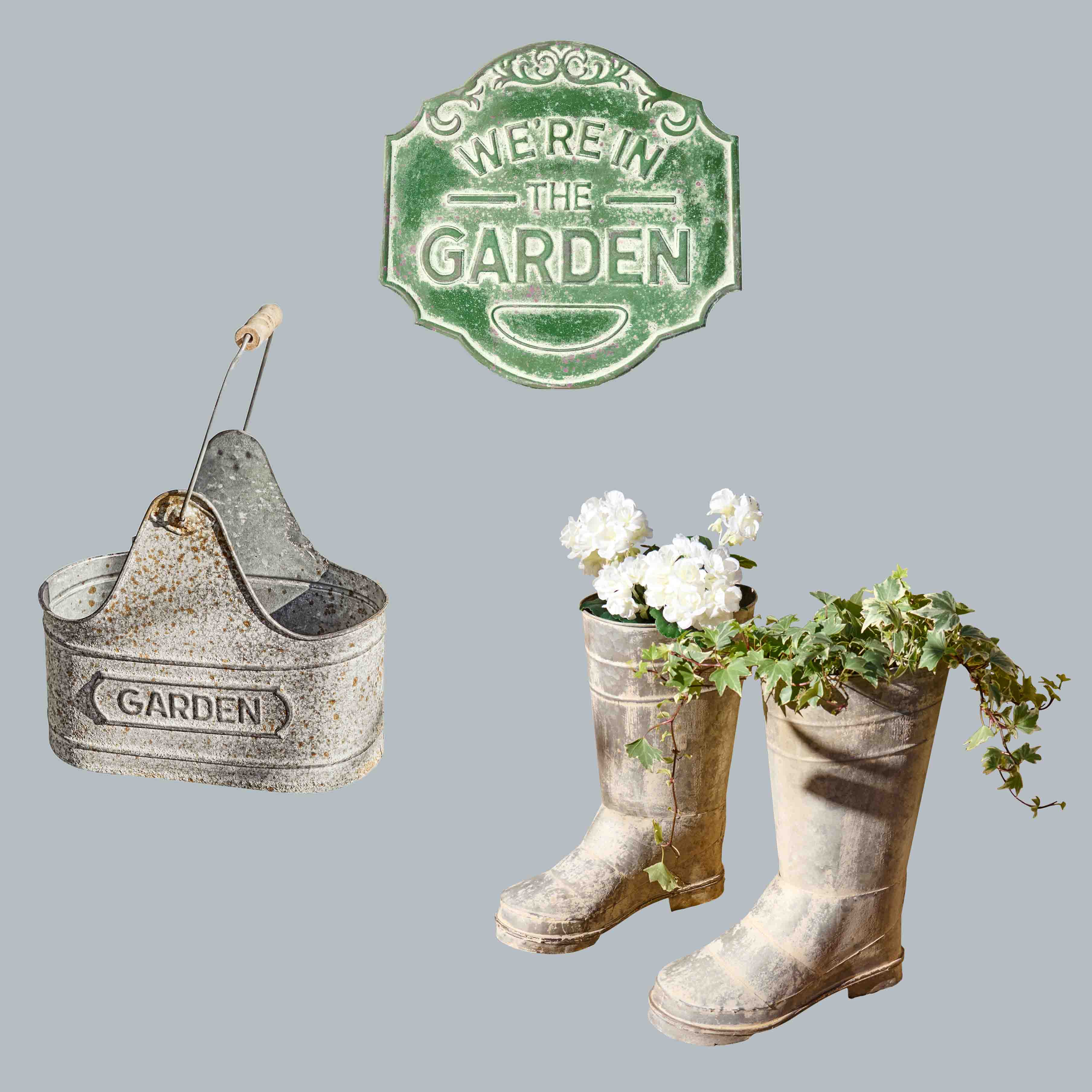 Tuin decoratieset met metalen bak, groen bord en laarzen met bloemen