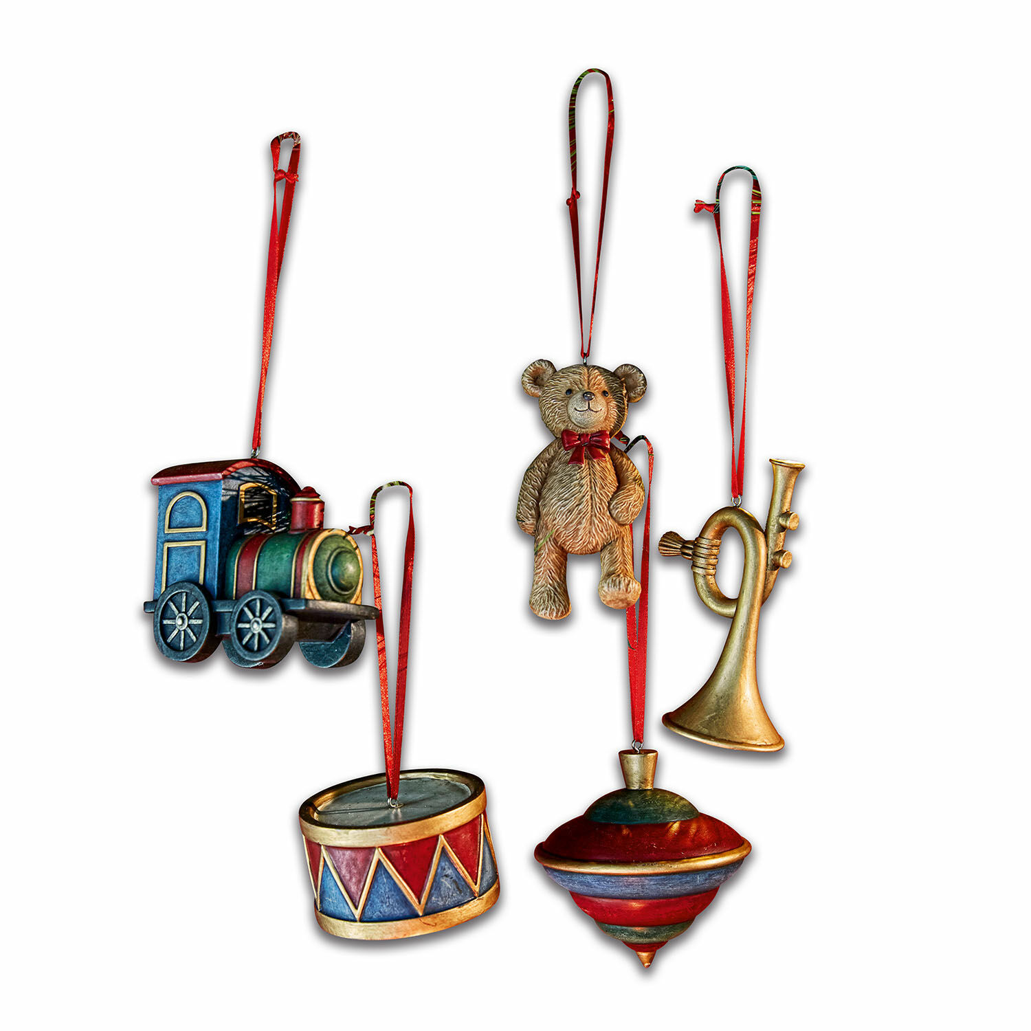 Lot de 5 décorations à suspendre Dassa Ensemble de cinq décorations de Noël en métal : locomotive, tambour, ours, toupie et trompette avec rubans rouges
