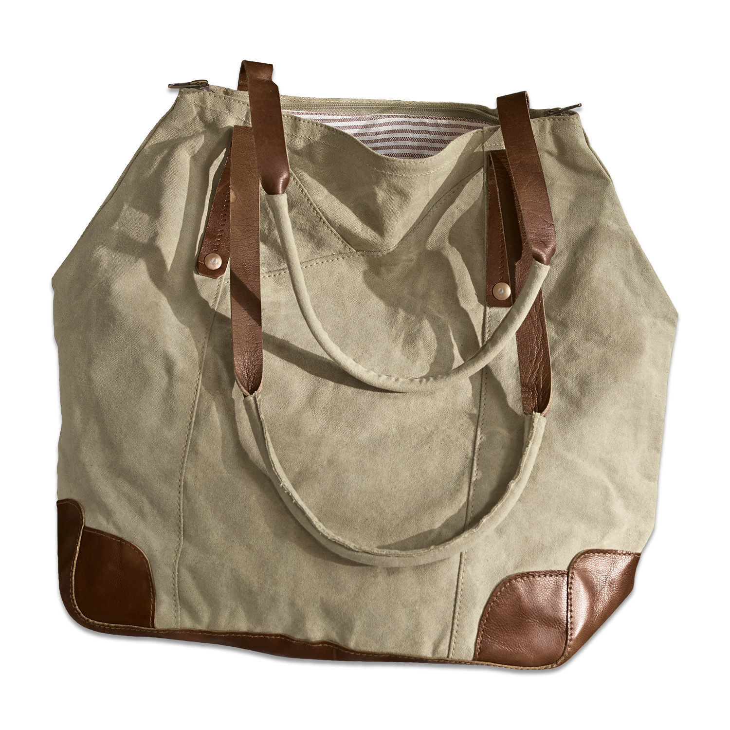Tas Padme Beige canvas tas met bruine leren handvatten en verstevigingen, praktische boodschappentas