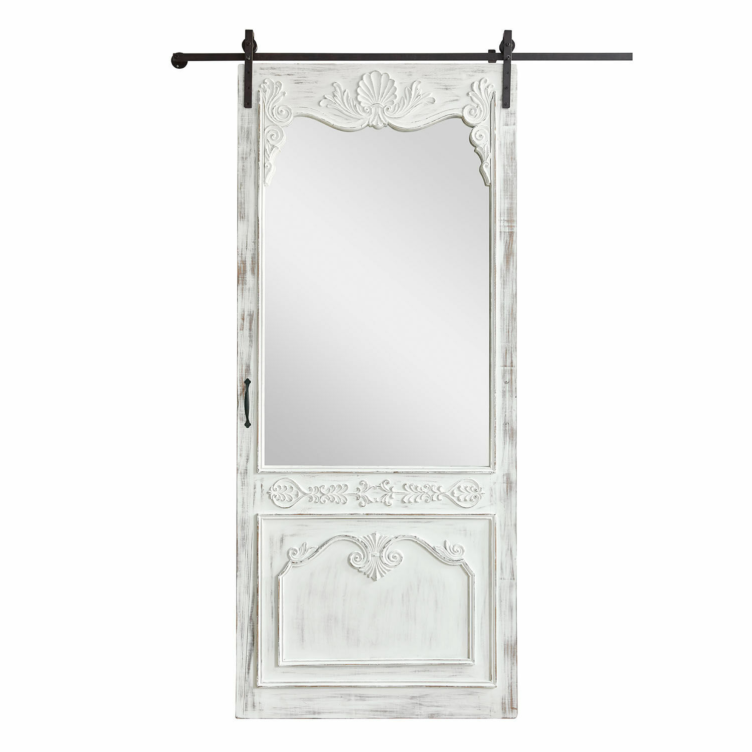 Porte coulissante Penworth Porte coulissante en bois blanc avec miroir et sculptures décoratives pour intérieur vintage