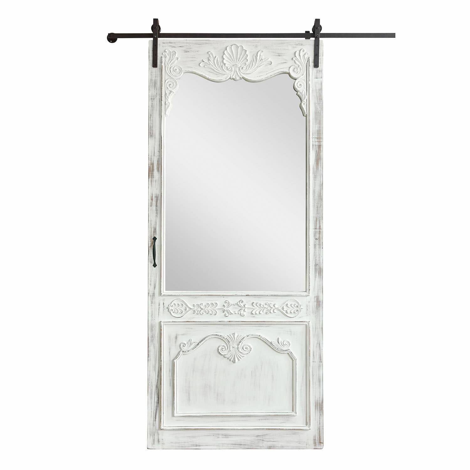 Schuifdeur Penworth Witte houten schuifdeur met spiegel en decoratieve houtsnijwerk in vintage stijl