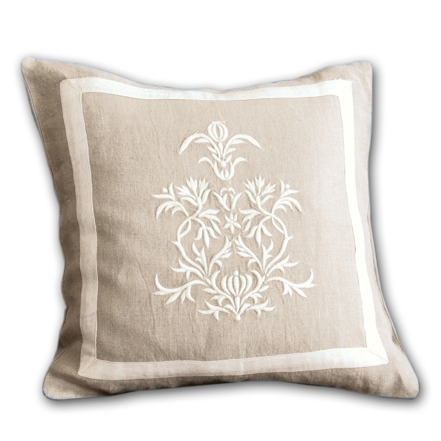 Housse de coussin Many Coussin beige en lin avec broderie blanche et bordure, coussin décoratif pour salon et chambre