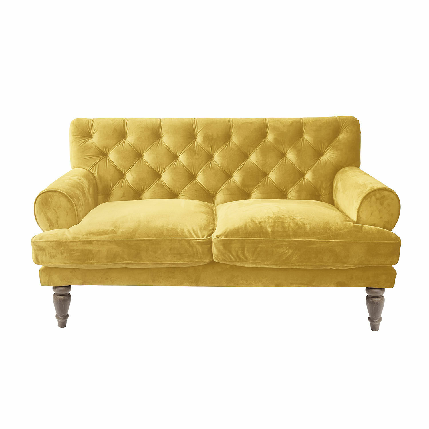 Gele Carme fluwelen bank met gestikte rugleuning en houten poten, comfortabel voor woonkamer