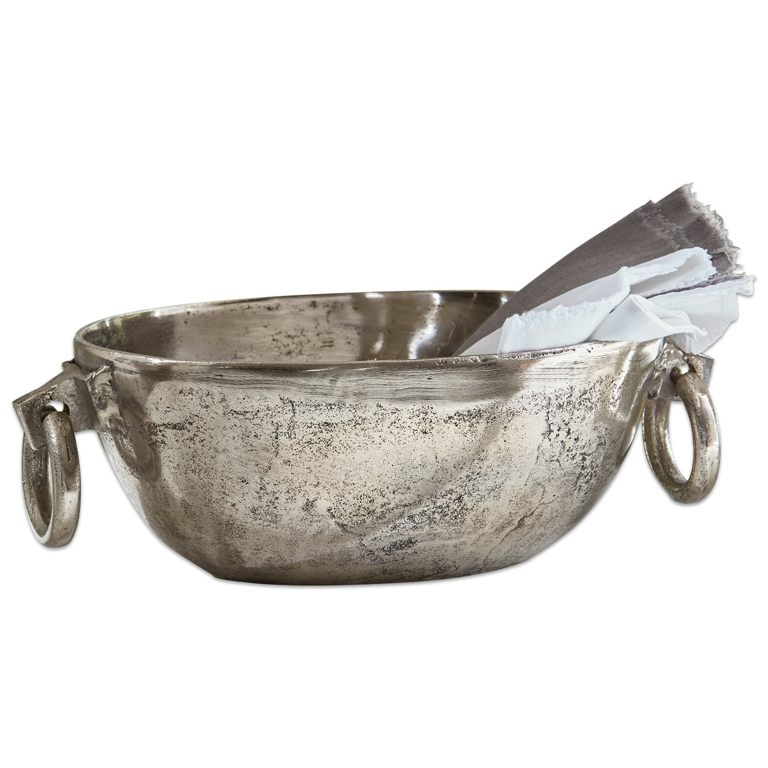 Bol décoratif en métal argenté avec poignées et serviettes en lin, style rustique élégant