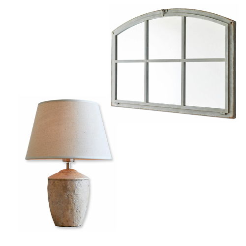Lampe de table avec abat-jour beige et base en céramique, miroir fenêtre gris à cadre métallique