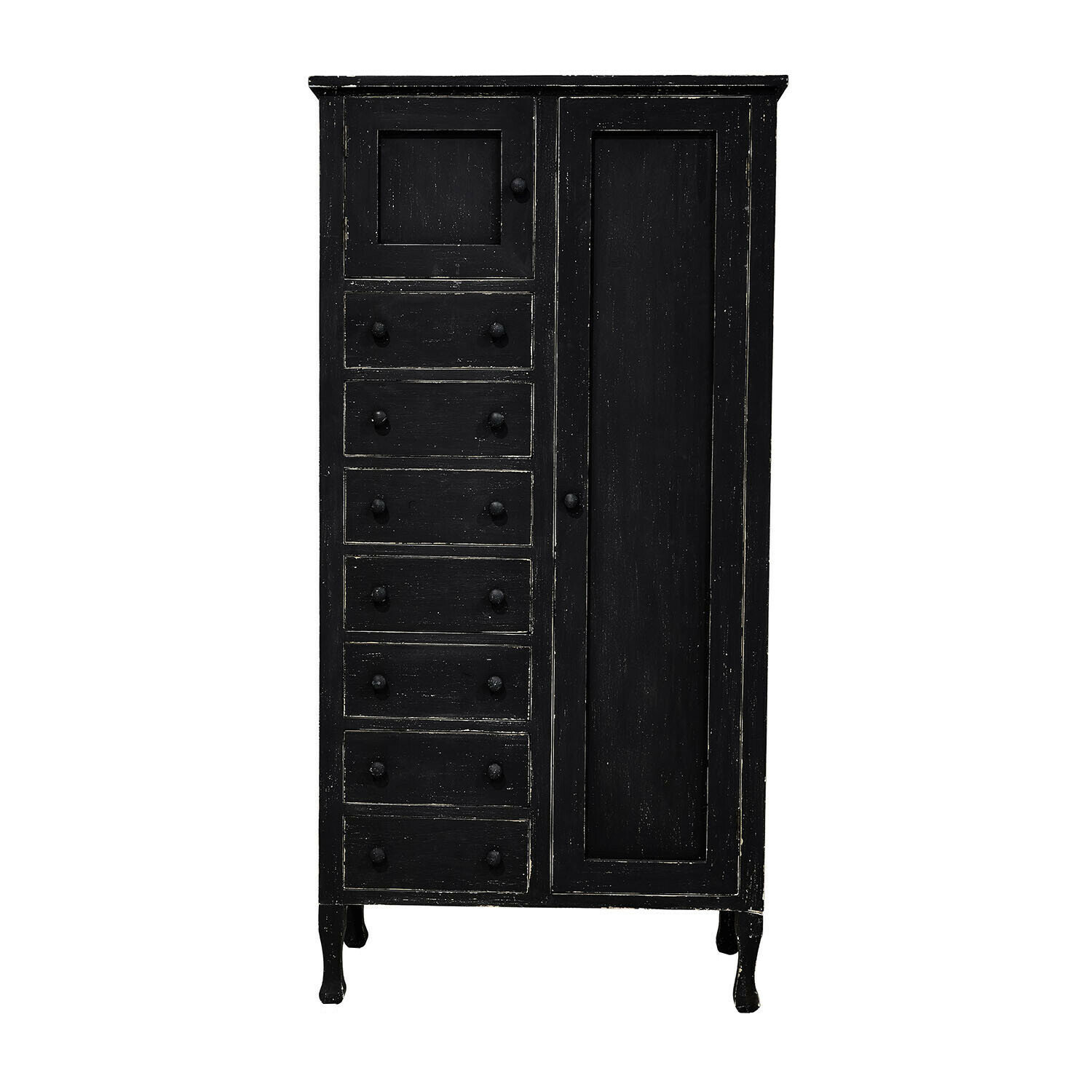 Armoire Amourien en bois noir antique avec tiroirs et porte, meuble de rangement vintage