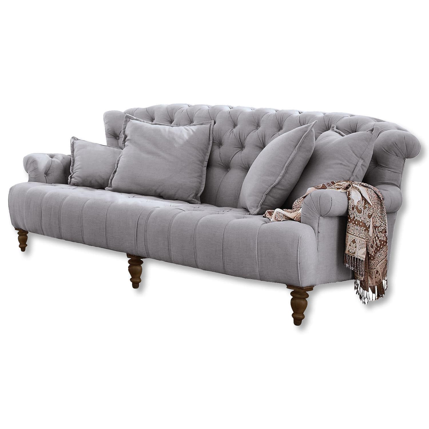 Canapé Springfield Village Canapé gris en tissu avec dossier capitonné et pieds en bois, écharpe décorative posée dessus