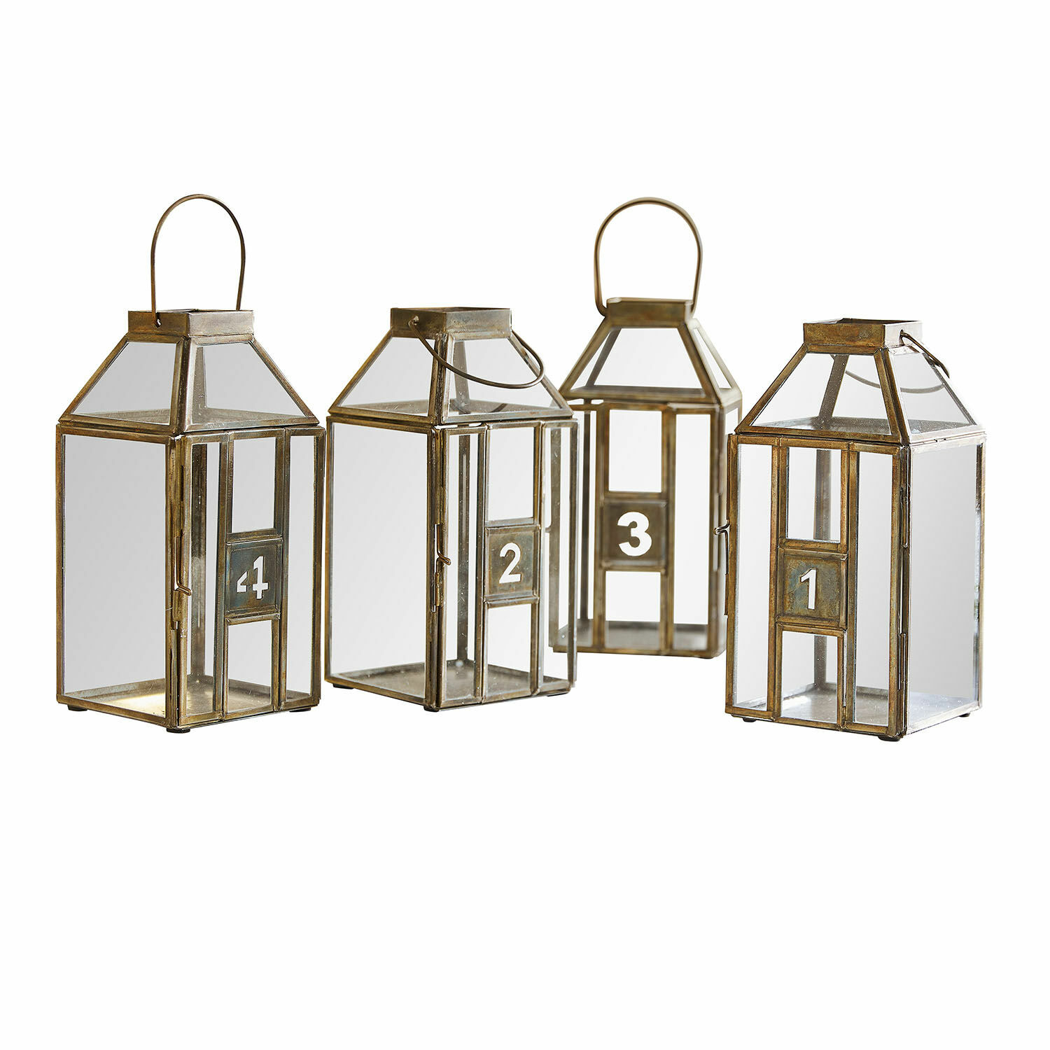 Lantaarn set van 4 Lythoria Set van vier metalen lantaarns met helder glas en nummers 1 tot 4 in messingkleur