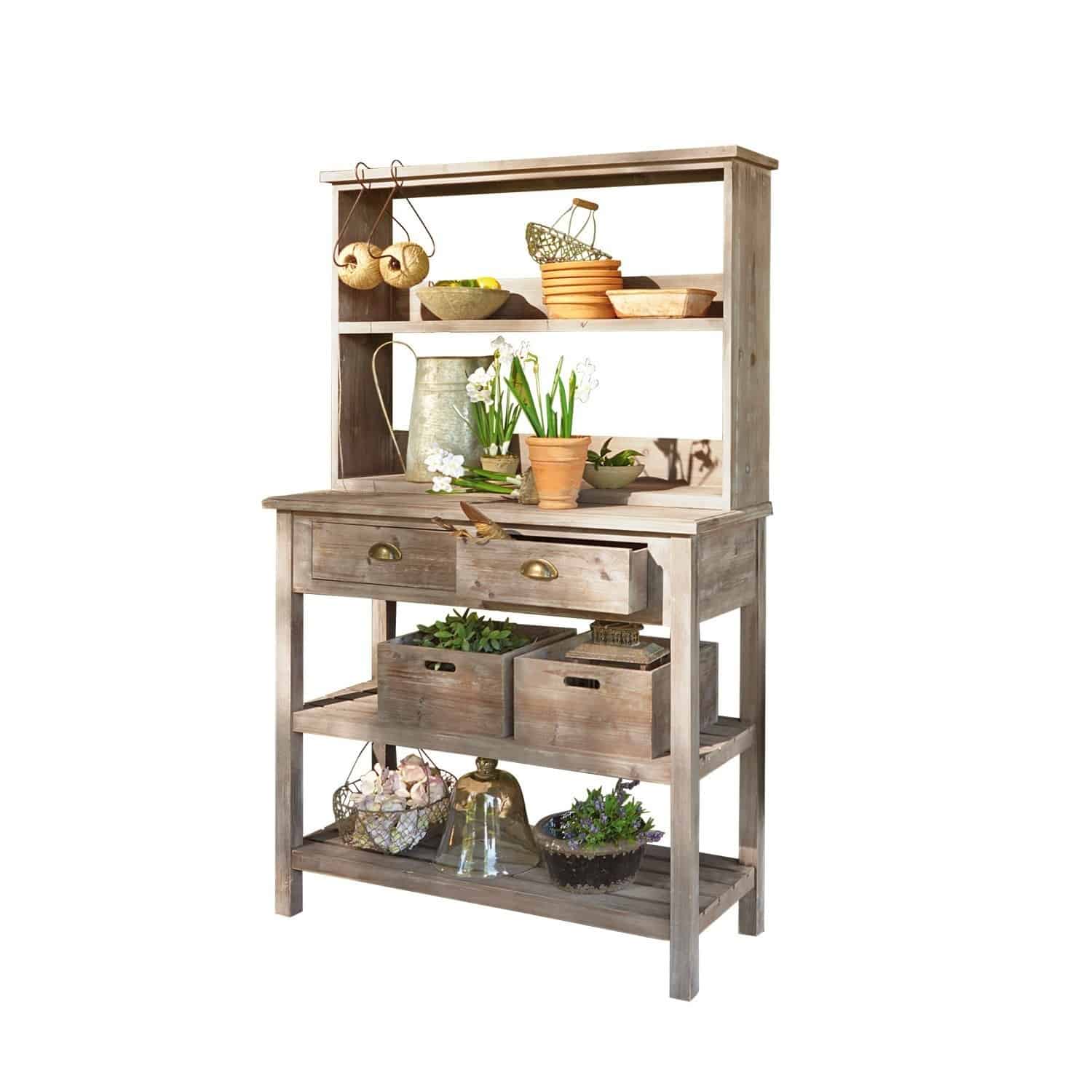 Meuble de jardinage Landover Meuble de jardin en bois avec étagères et tiroirs, décoré de pots de fleurs et outils de jardinage