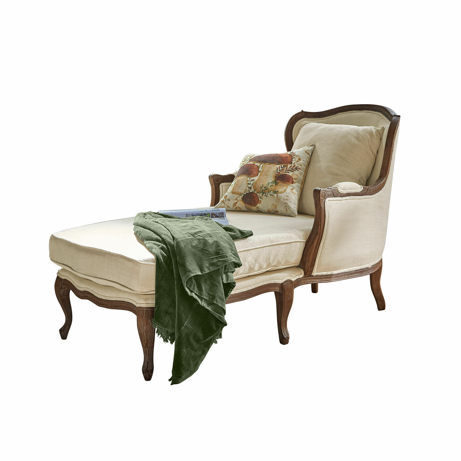 Méridienne Muel Chaise longue élégante en tissu beige avec cadre en bois, drap vert et coussin décoratif champignon