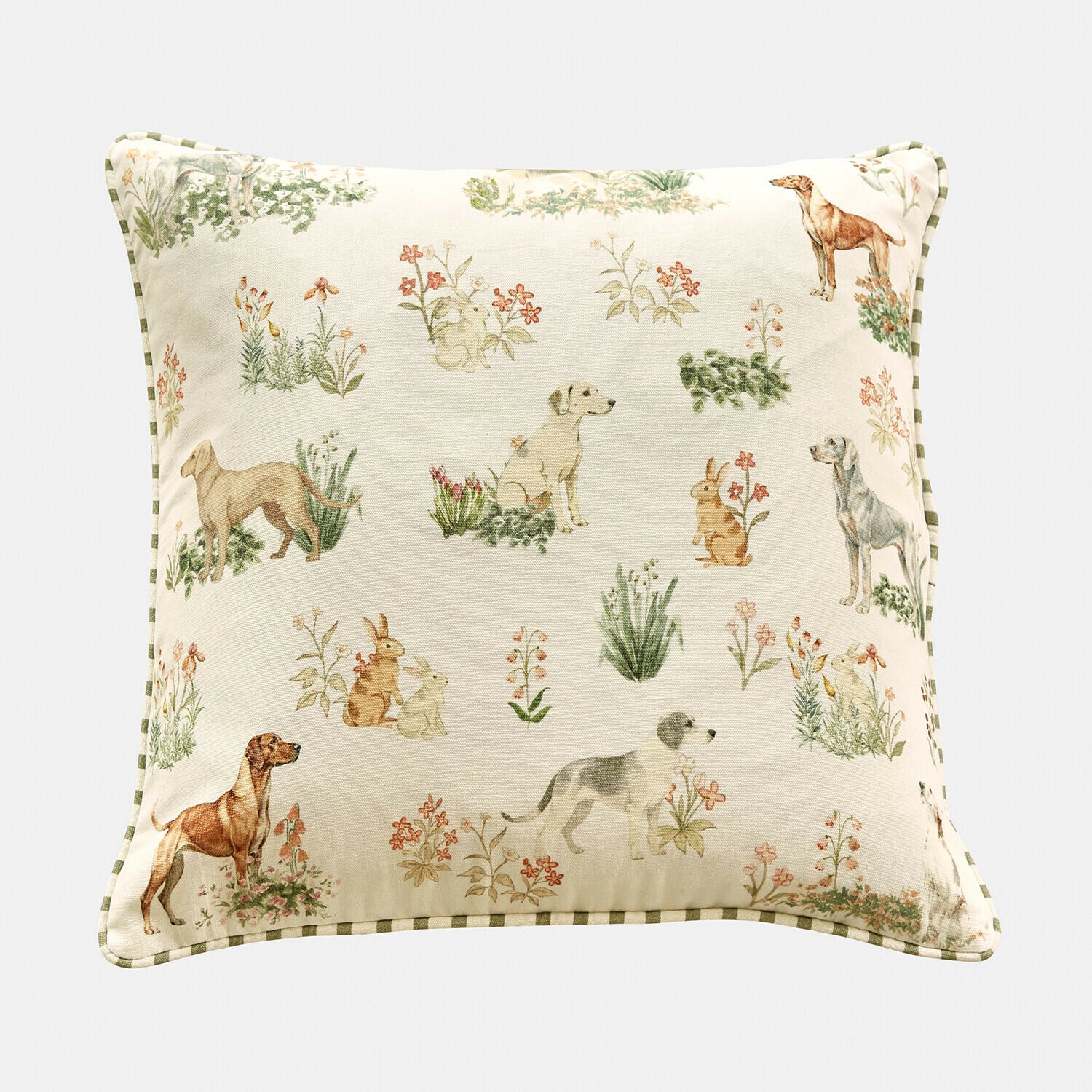 Coussin décoratif en coton crème avec motifs de chiens, lapins et fleurs pour salon cosy