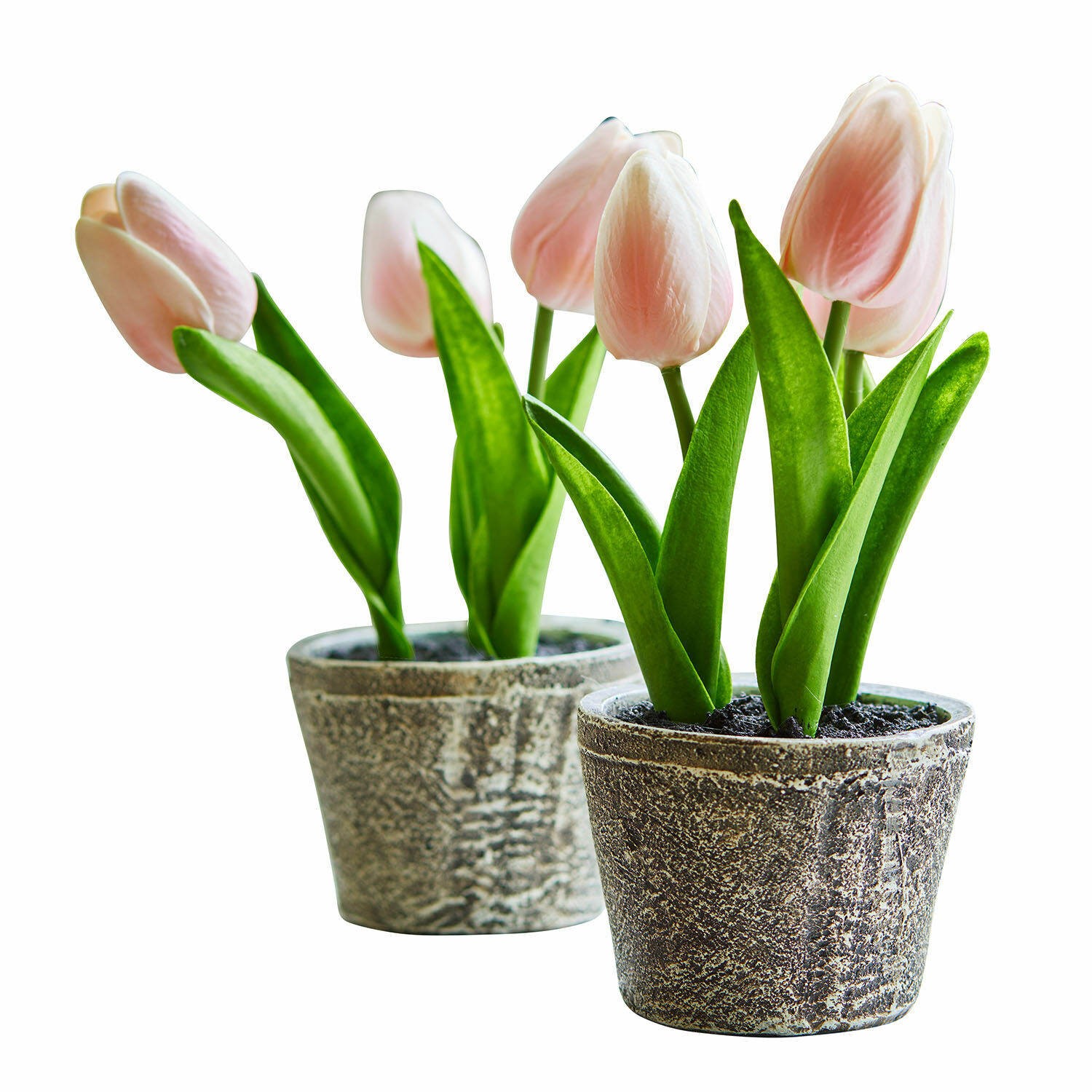Lot de deux pots de tulipes décoratives Zéphine Tulipes artificielles roses en pots gris pour décoration intérieure printanière élégante