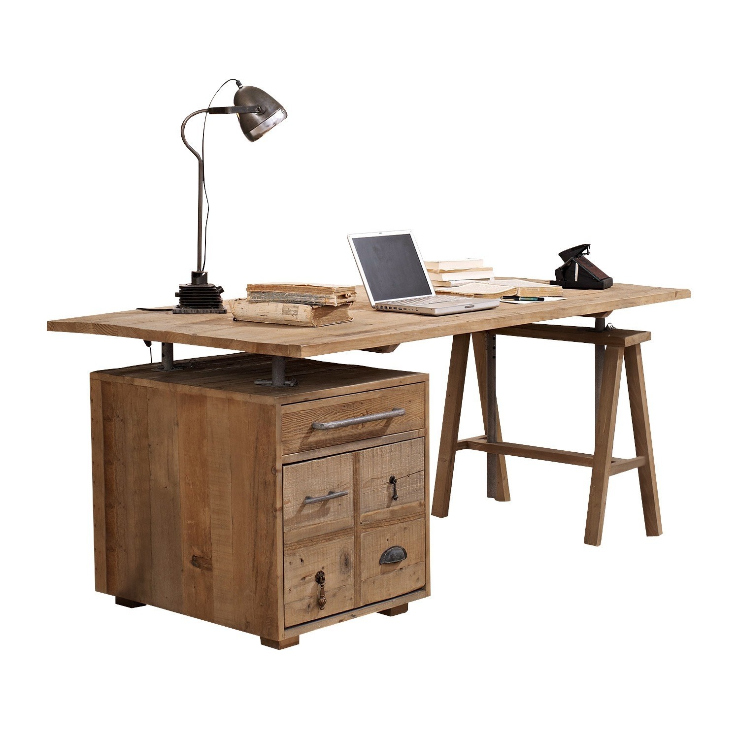 Bureau Dawson Bureau van massief hout met laden en metalen lamp, natuurlijke kleur, meubelstuk