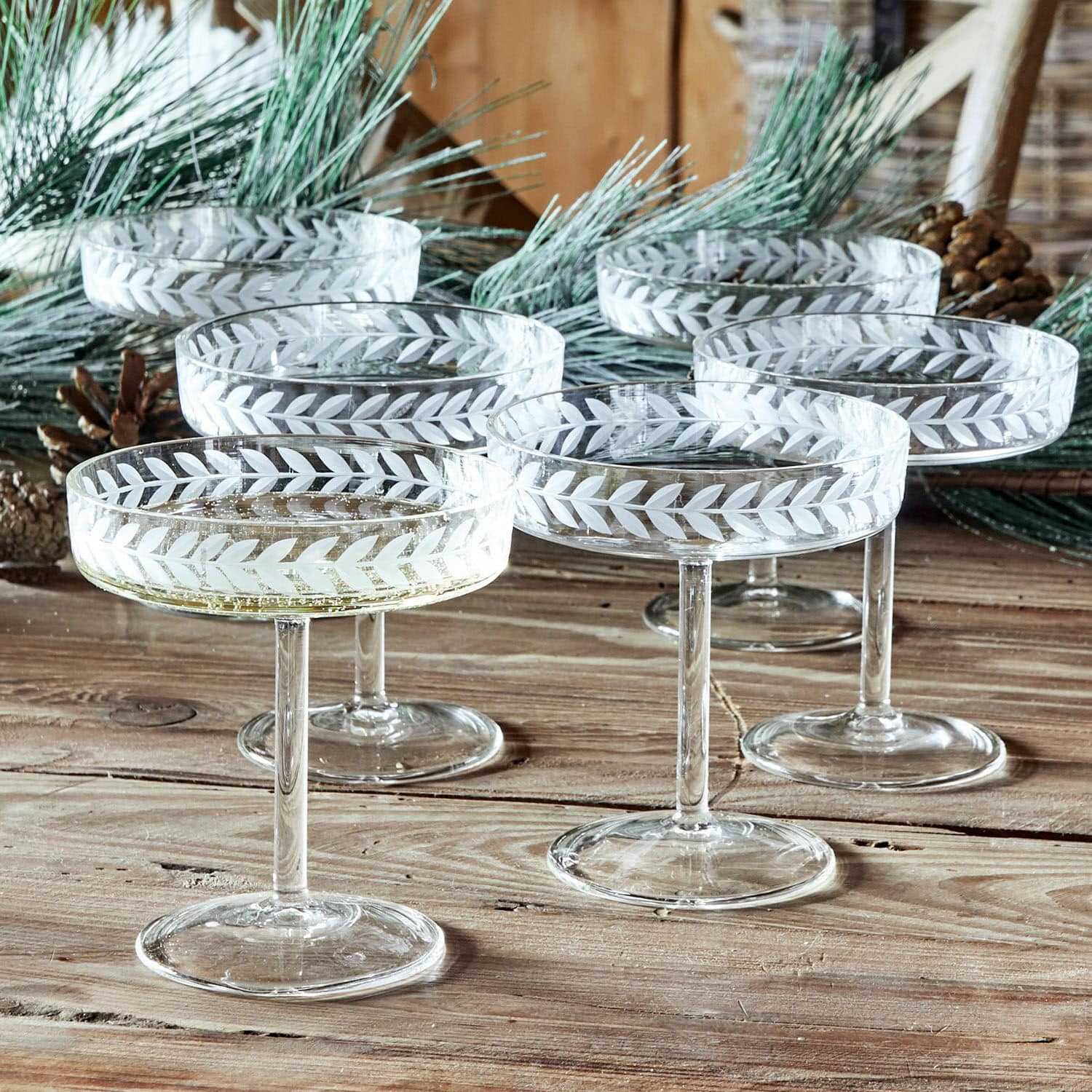 Champagneglas set van 6 Macomb Set van zes glazen champagnecoupe met gegraveerd bladmotief op rustieke houten tafel