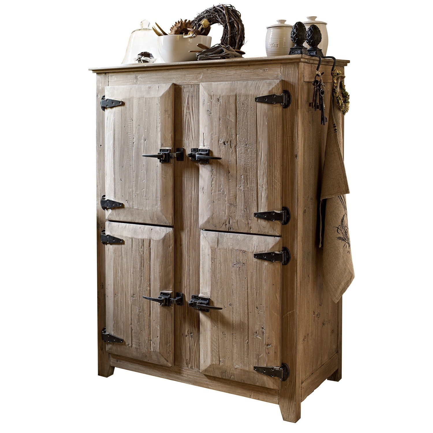 Buffet Centennial Armoire rustique en bois naturel avec charnières et poignées en métal, décorations sur le dessus