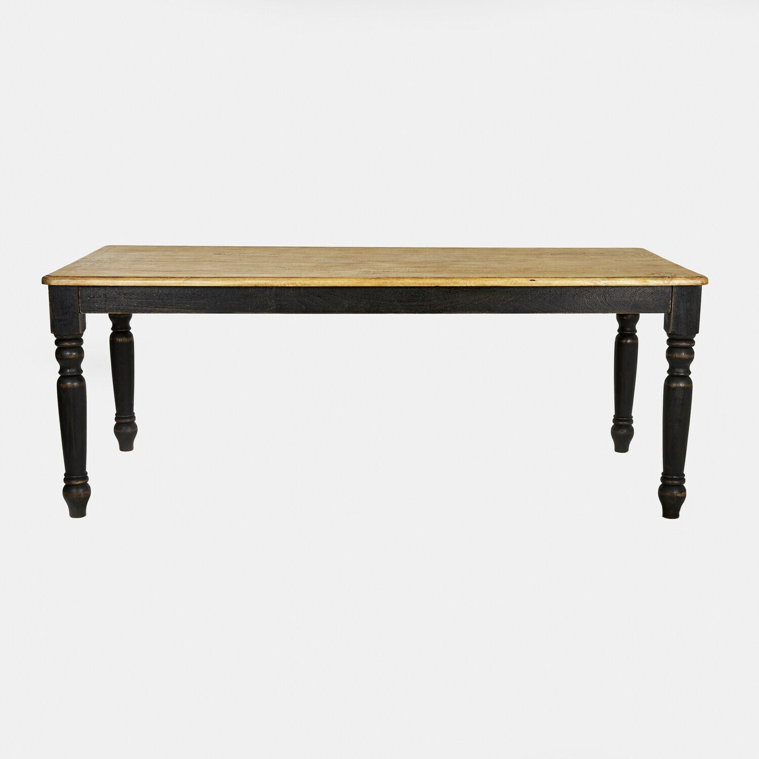 Tafel Mont Lisan Houten tafel met licht blad en zwarte, gedraaide poten voor eetkamer
