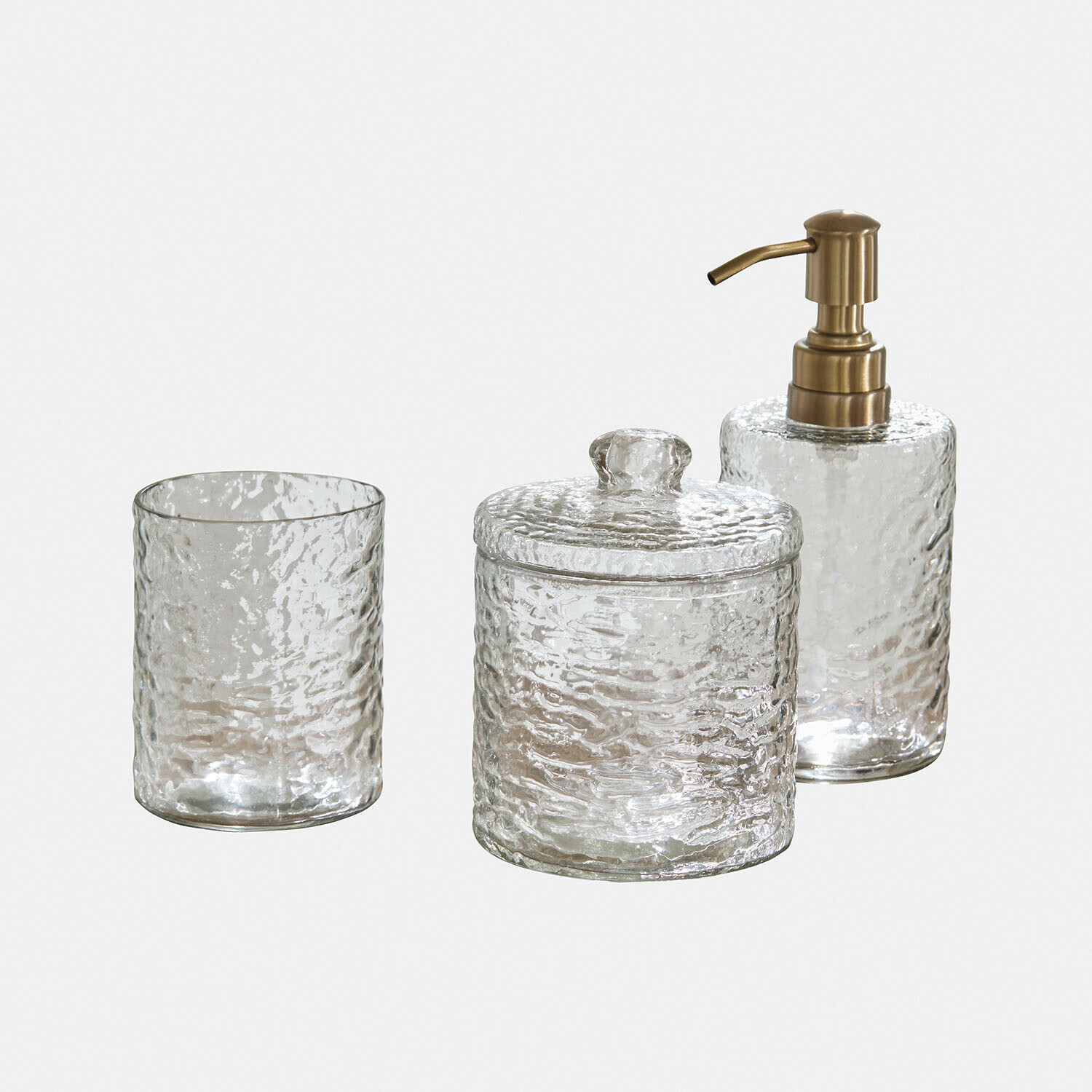 Ensemble de salle de bain en verre transparent avec distributeur et pot texturé pour rangement