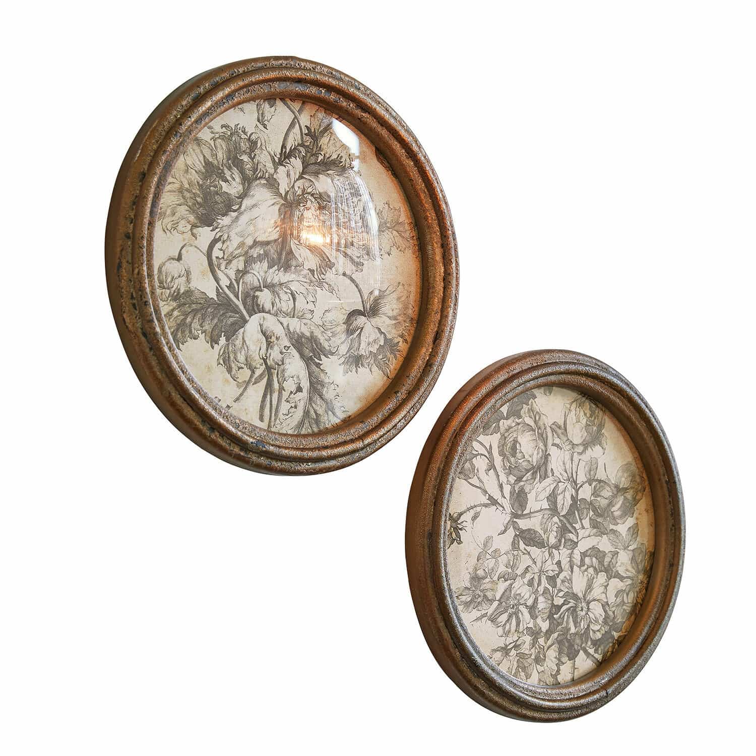Afbeelding set van 2 Phaurette Twee ovale bruine metalen lijsten met zwart-witte bloemenillustraties voor wanddecoratie