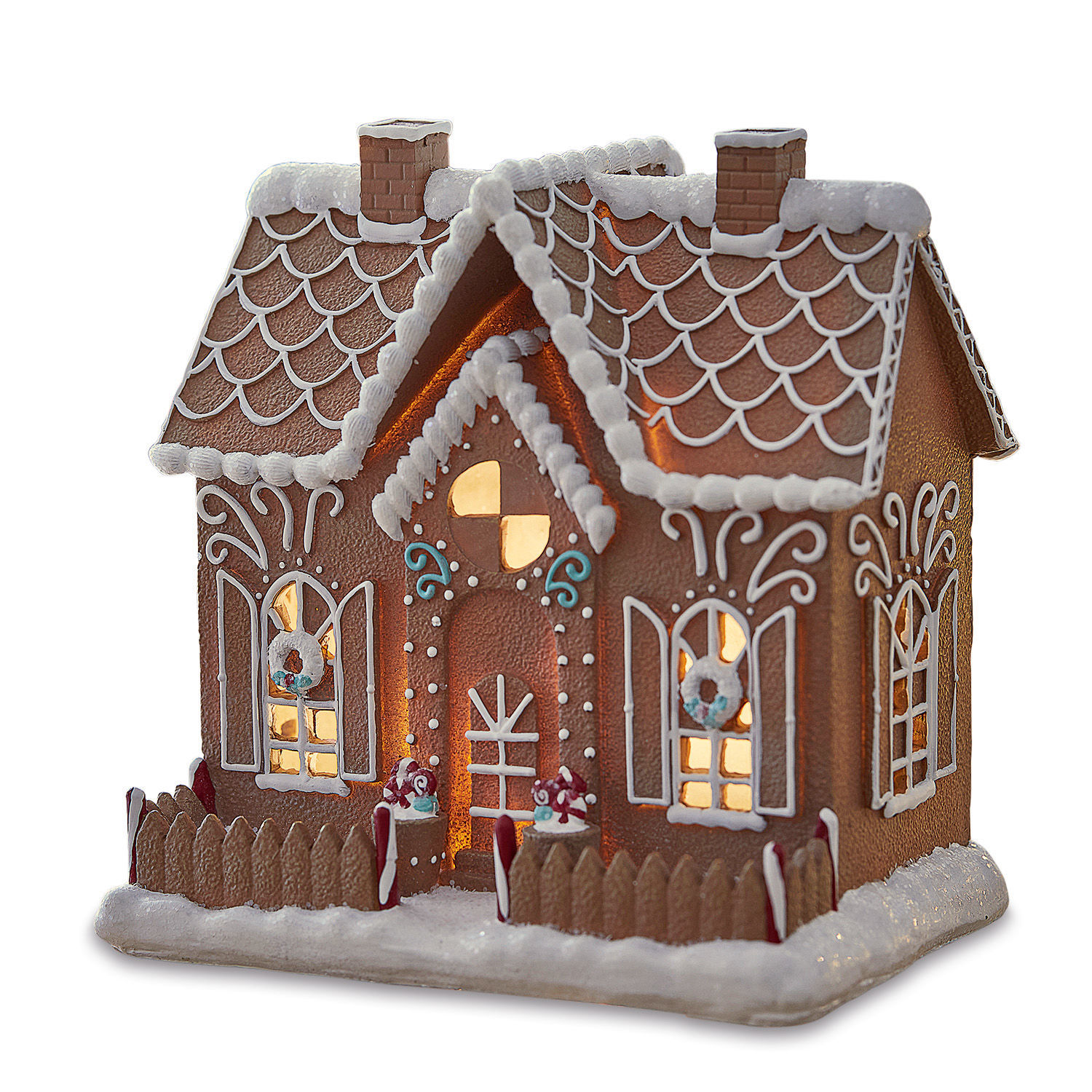 Maison décorative Listras Maison en pain d'épices décorative avec éclairage, brun avec décorations blanches et colorées, décoration de Noël