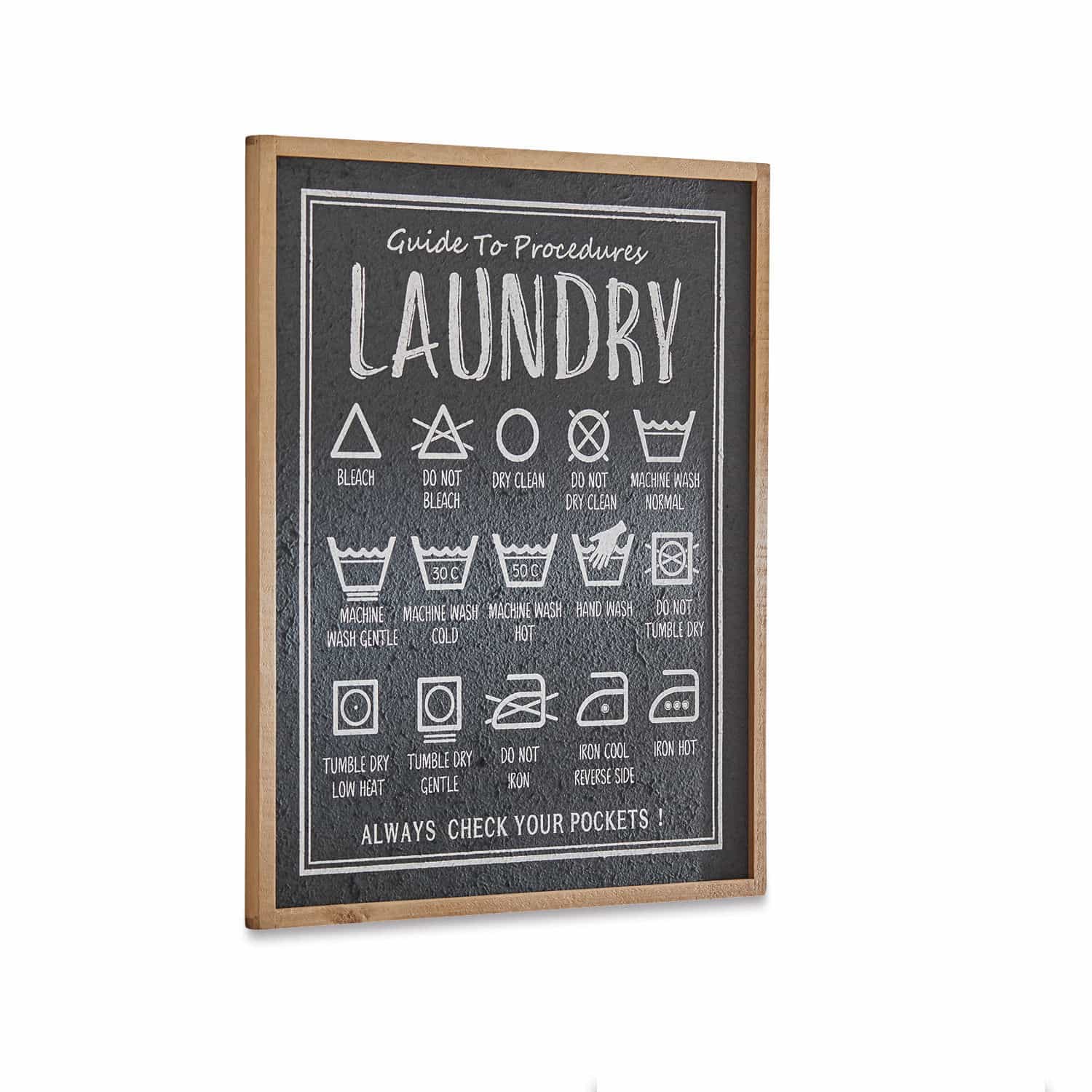 Tableau décoratif Surrey Tableau décoratif avec instructions de lavage sur fond noir encadré en bois pour buanderie