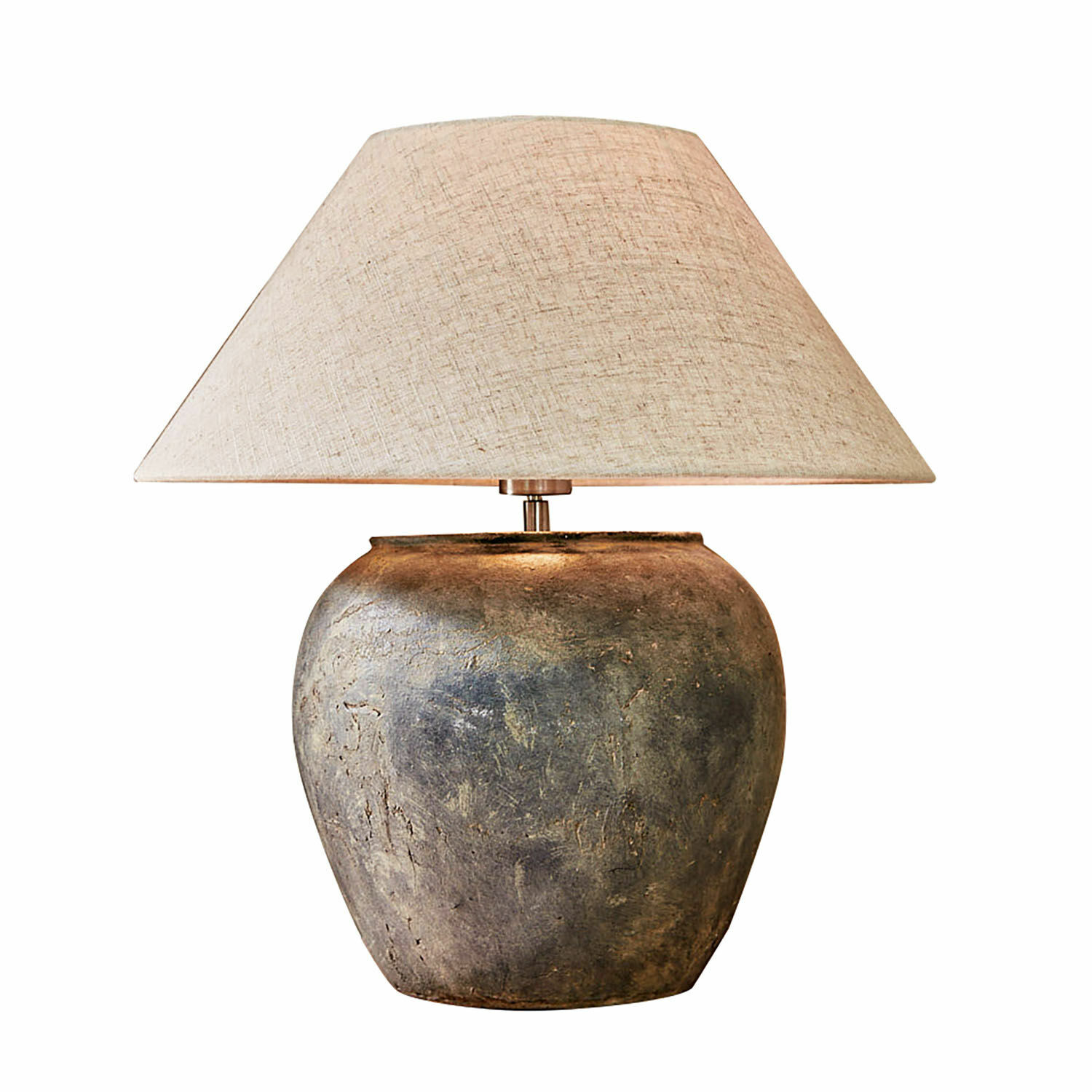 Lampe à poser Shiva Lampe de table avec base en céramique grise vieillie et abat-jour beige en tissu