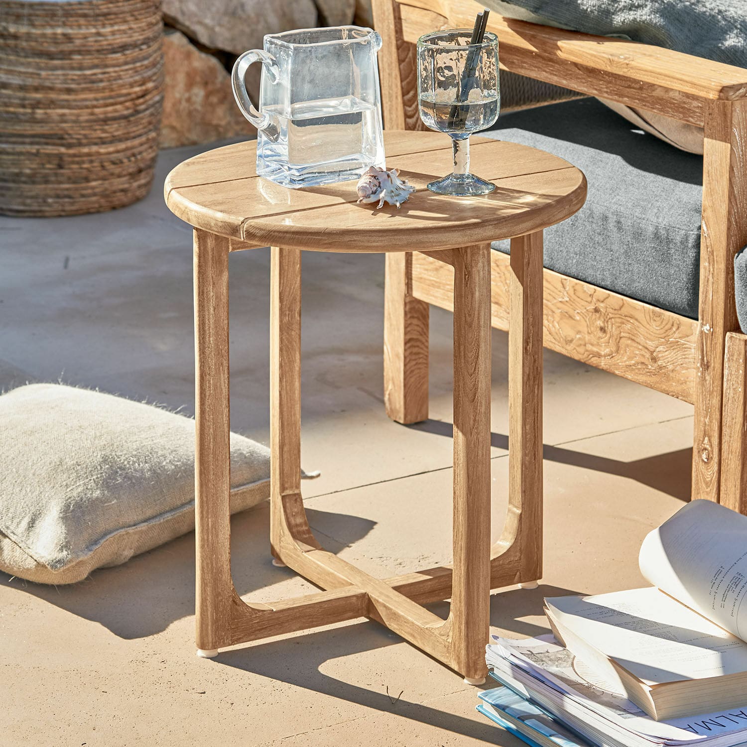 Bijzettafel Tewksbury Ronde bijzettafel van natuurlijk teakhout voor terras of balkon buiten